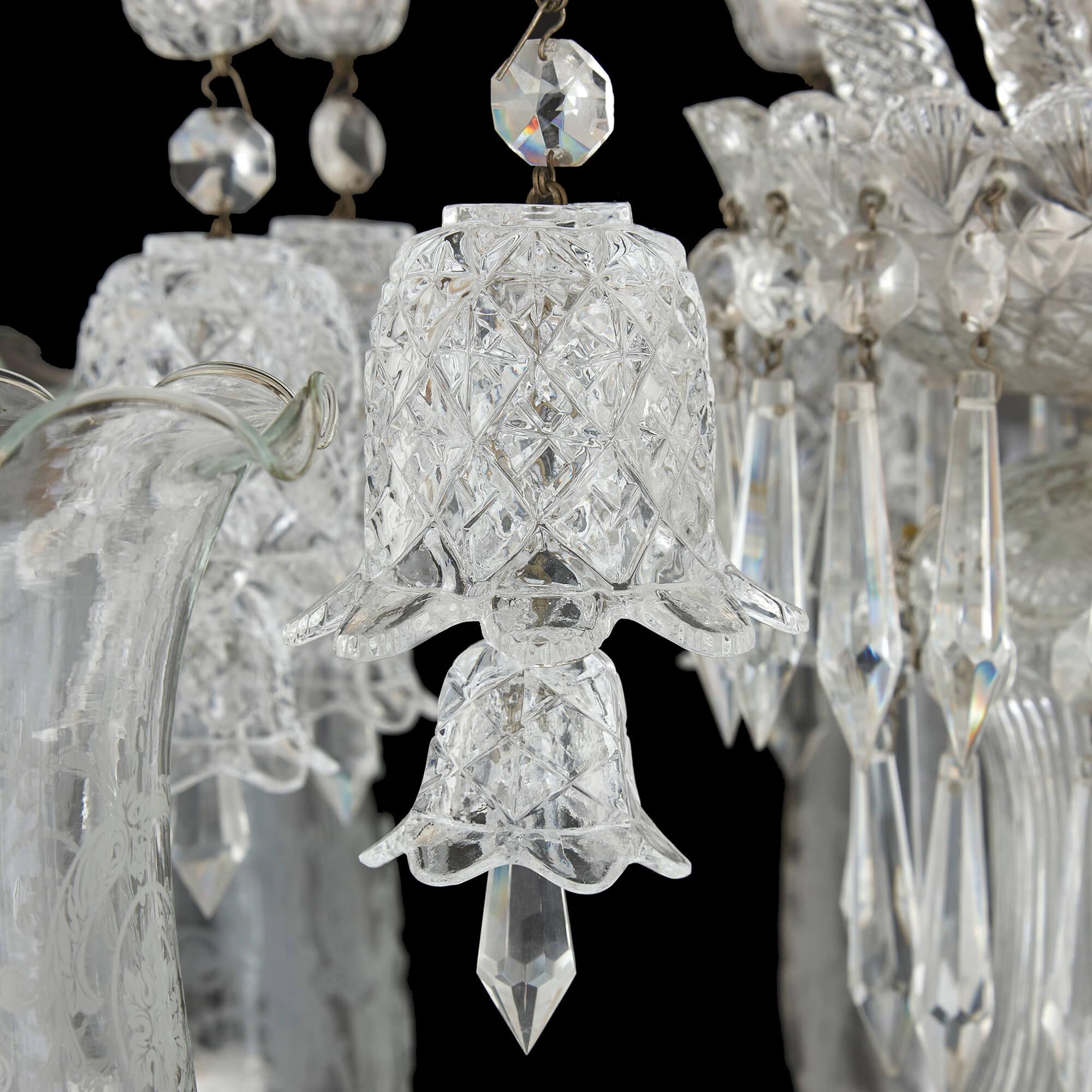 Pair of Belle Époque Clear Cut and Etched Glass 6-Light Chandeliers  For Sale 5