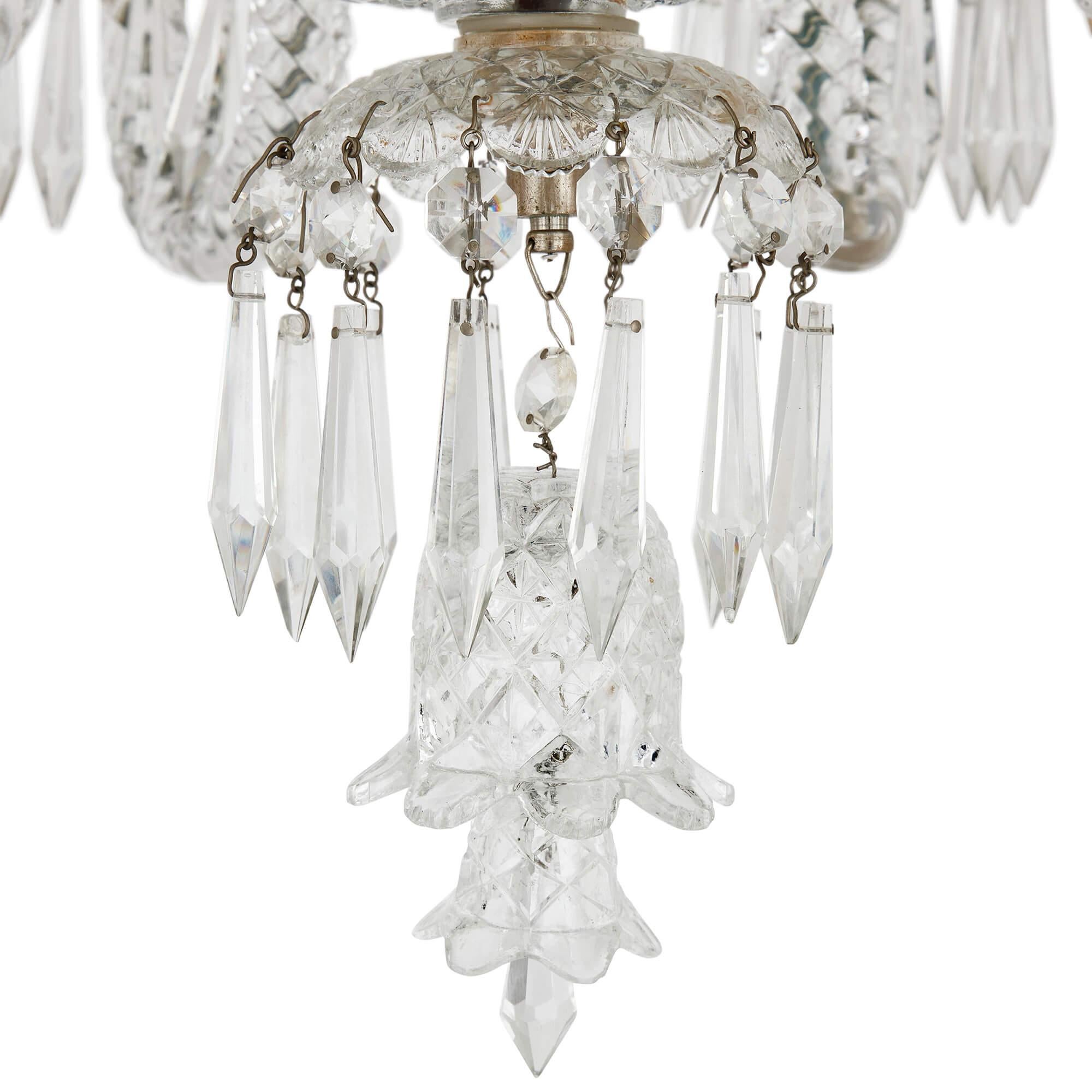 Pair of Belle Époque Clear Cut and Etched Glass 6-Light Chandeliers  In Good Condition For Sale In London, GB