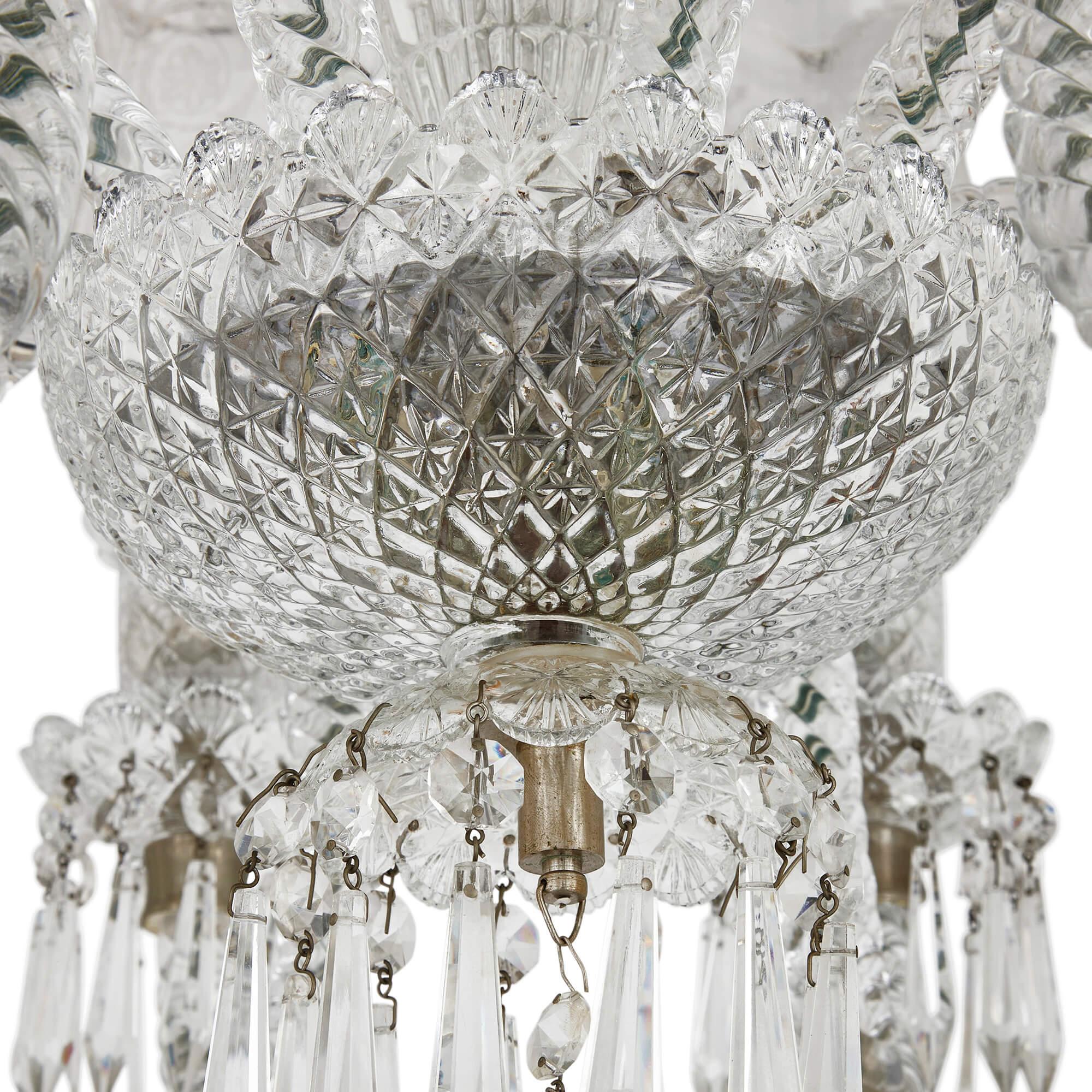 20th Century Pair of Belle Époque Clear Cut and Etched Glass 6-Light Chandeliers  For Sale