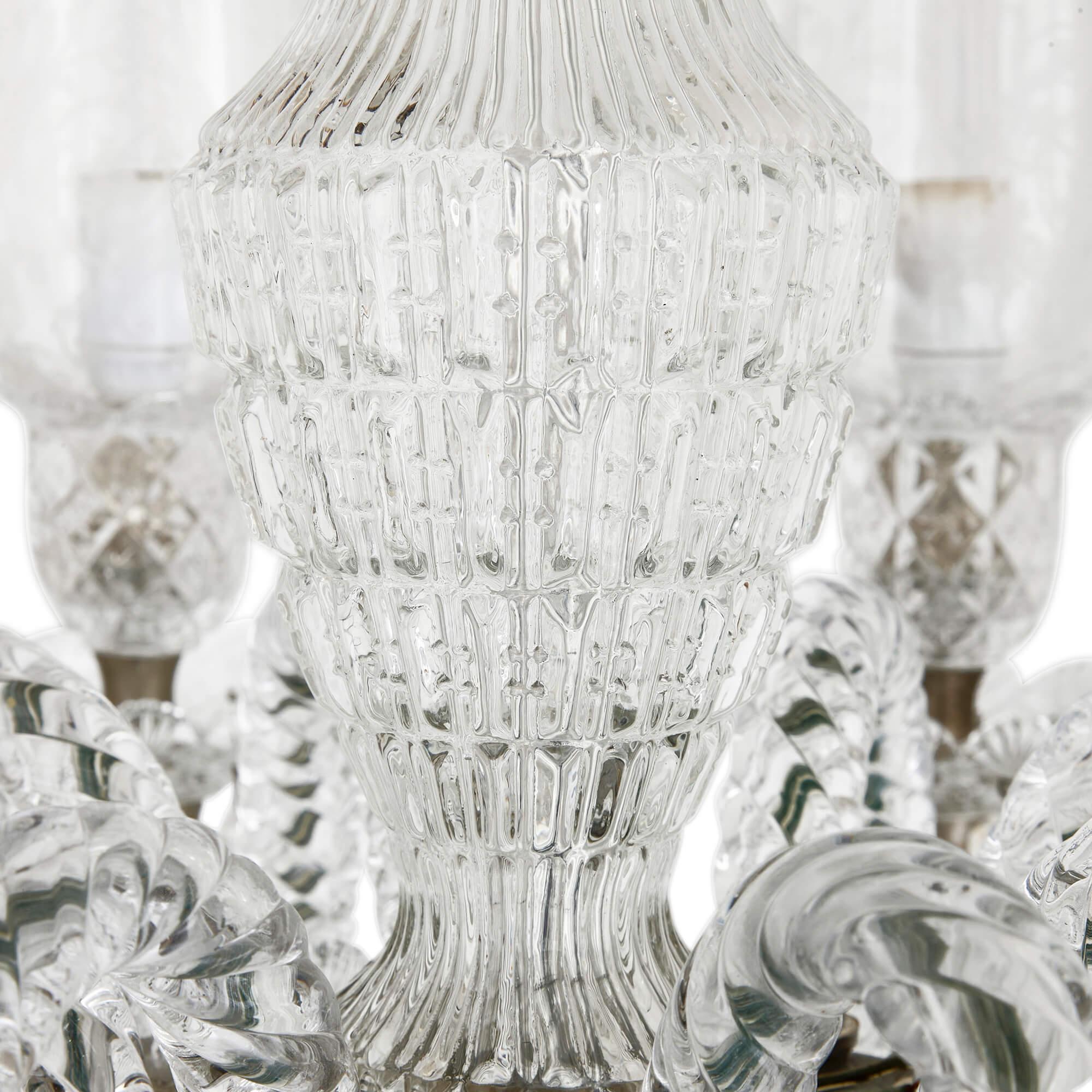 Pair of Belle Époque Clear Cut and Etched Glass 6-Light Chandeliers  For Sale 1