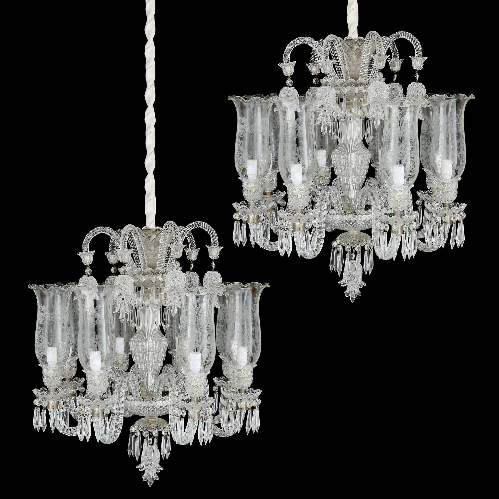 Pair of Belle Époque Clear Cut and Etched Glass 6-Light Chandeliers  For Sale 2