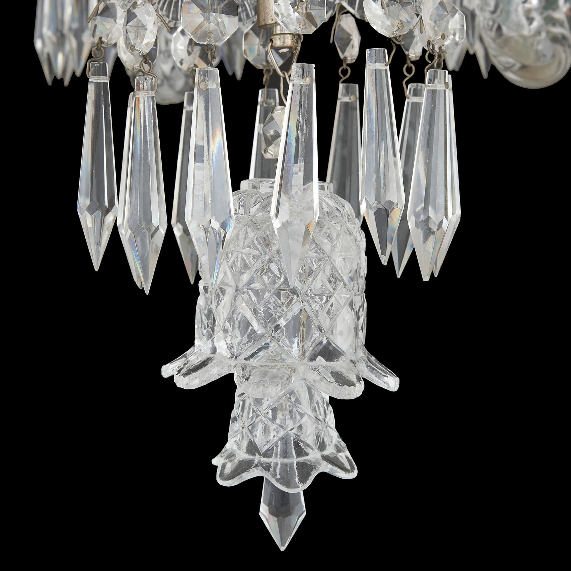 Pair of Belle Époque Clear Cut and Etched Glass 6-Light Chandeliers  For Sale 4