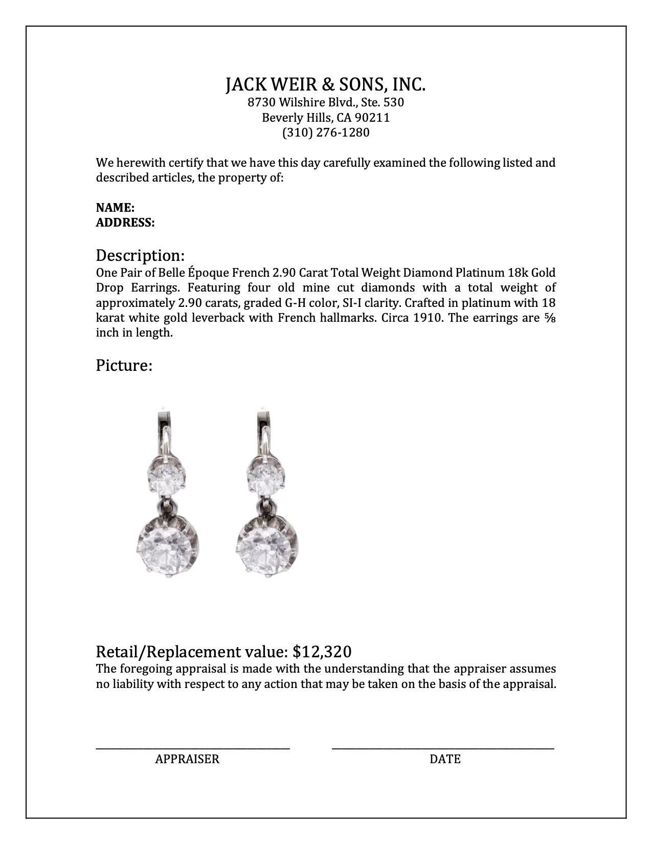 Pair of Belle Époque French 2.90 Carat Total Weight Diamond Platinum 18k Gold Dr For Sale 1