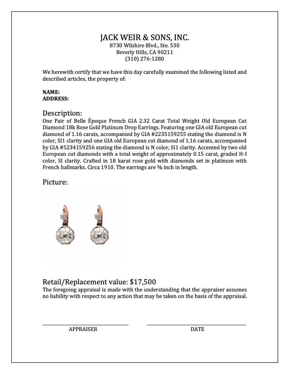 Paar Belle Époque Französisch GIA 2,32 Karat Gesamtgewicht Old European Cut Diamond im Angebot 3