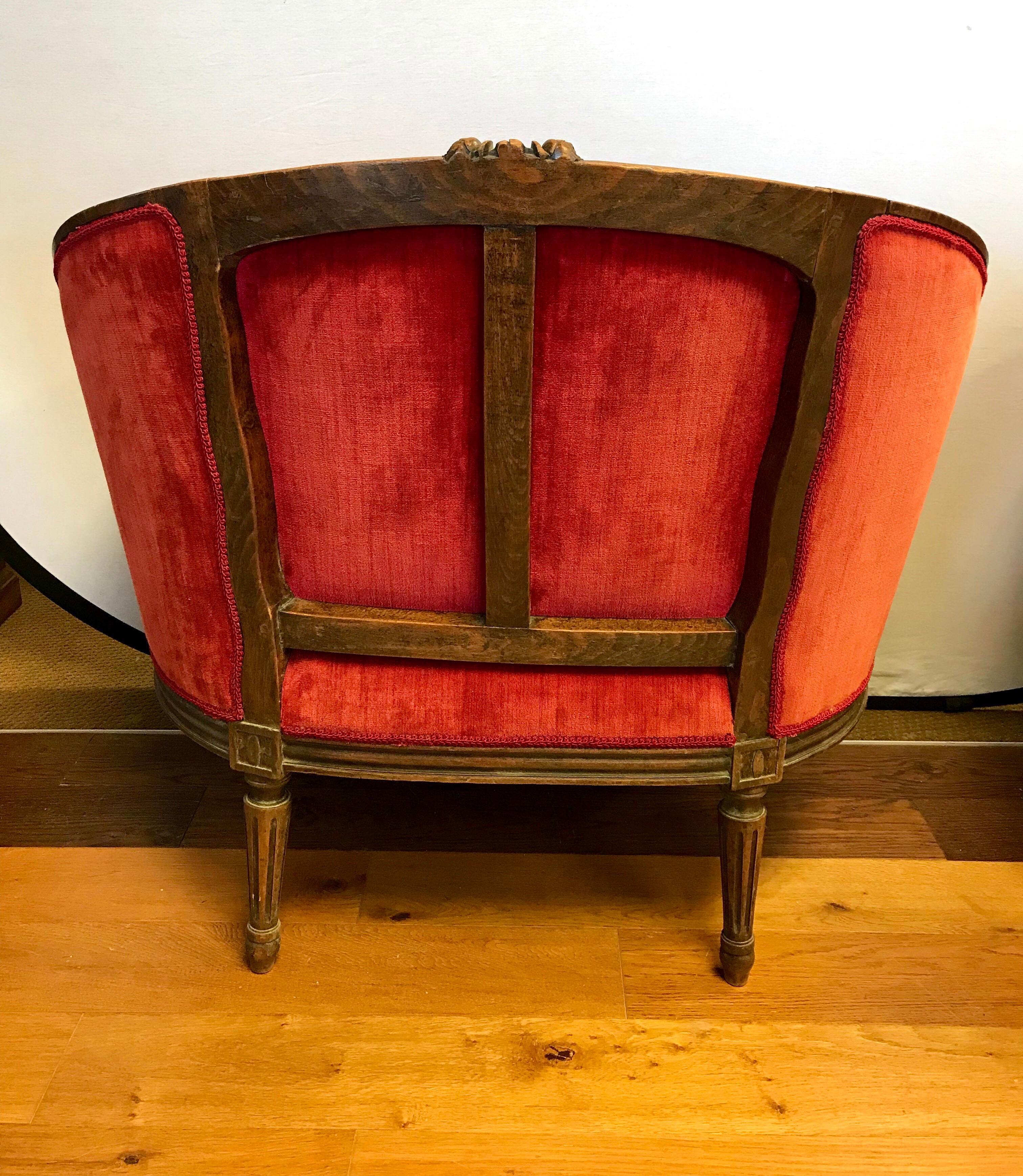 Pair of Belle Époque French Louis XV Style Red Velvet Bergeres Chairs Armchairs 5