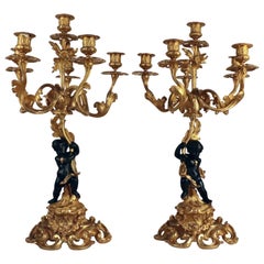 Pair of Belle Époque Gilt Bronze Figural Six Light Candelabra