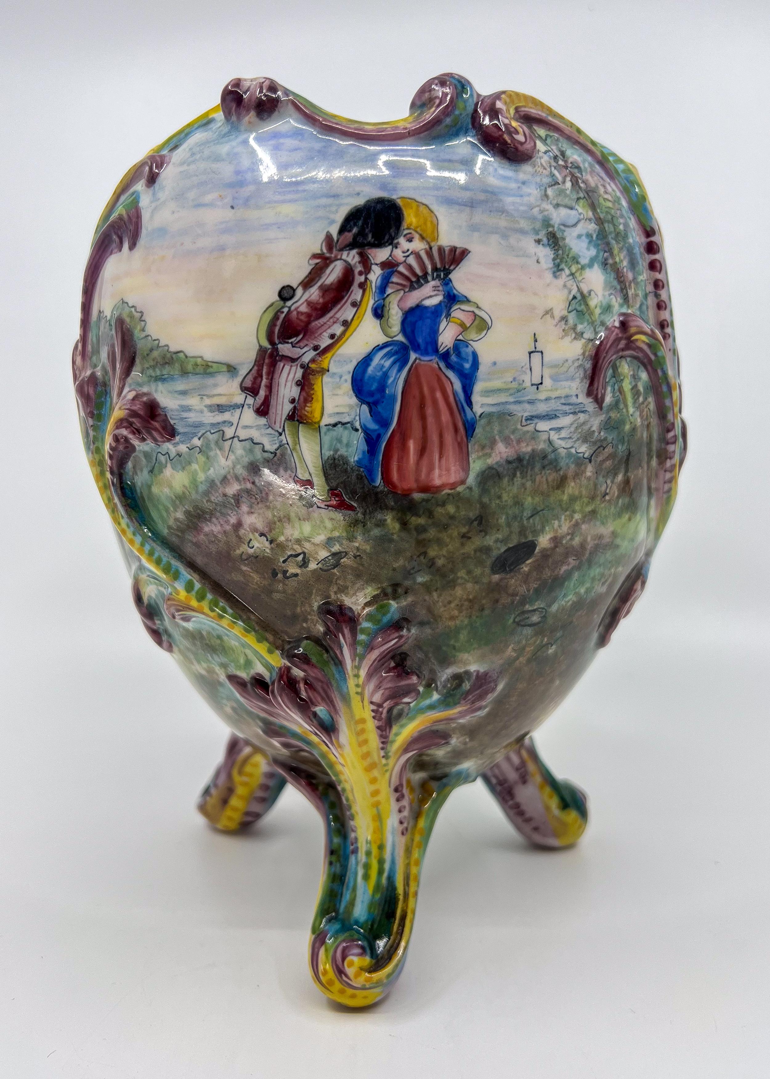 19th Century Pair of Belle Epoque Porcelain Painted Jardinieres With Romantic Scenes For Sale