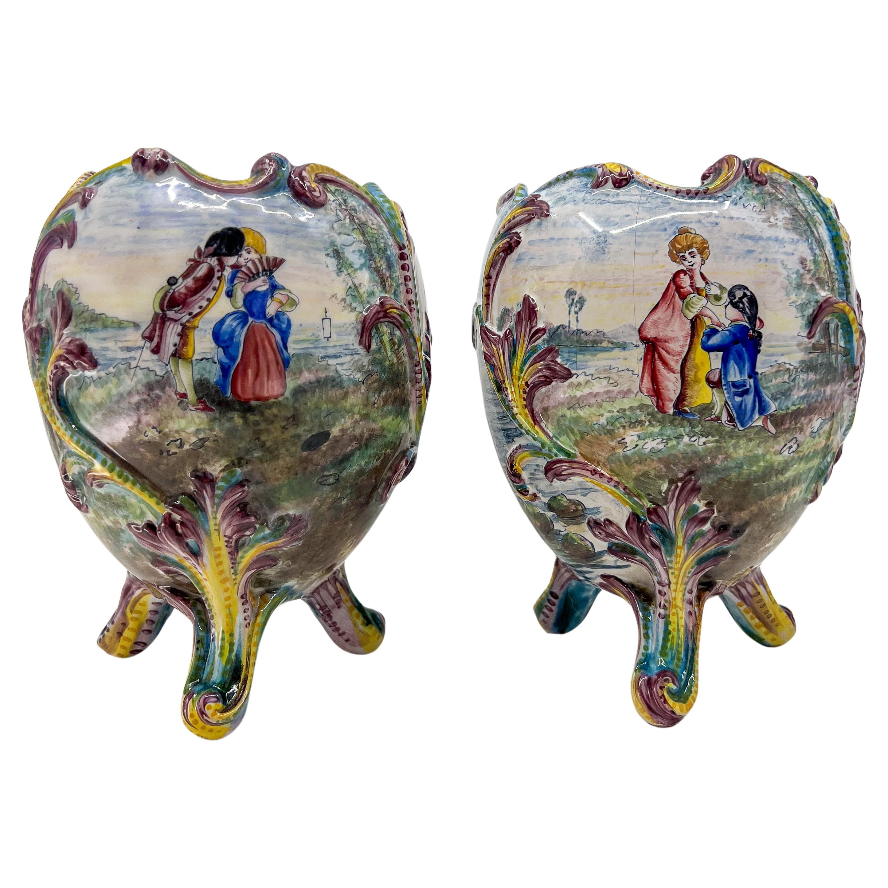 Pair of Belle Epoque Porcelain Painted Jardinieres With Romantic Scenes For Sale