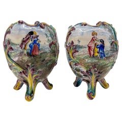 Pair of Belle Epoque Porcelain Painted Jardinieres With Romantic Scenes
