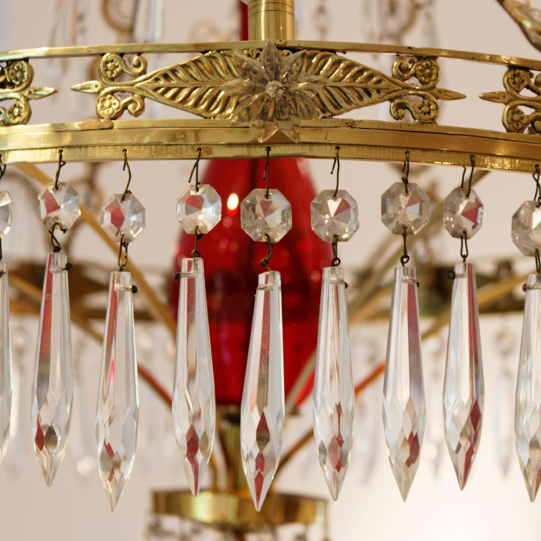 Belle Époque Pair of Belle Epoque Russian Style Ormolu Red and Cut-Glass Six-Light Chandelier For Sale