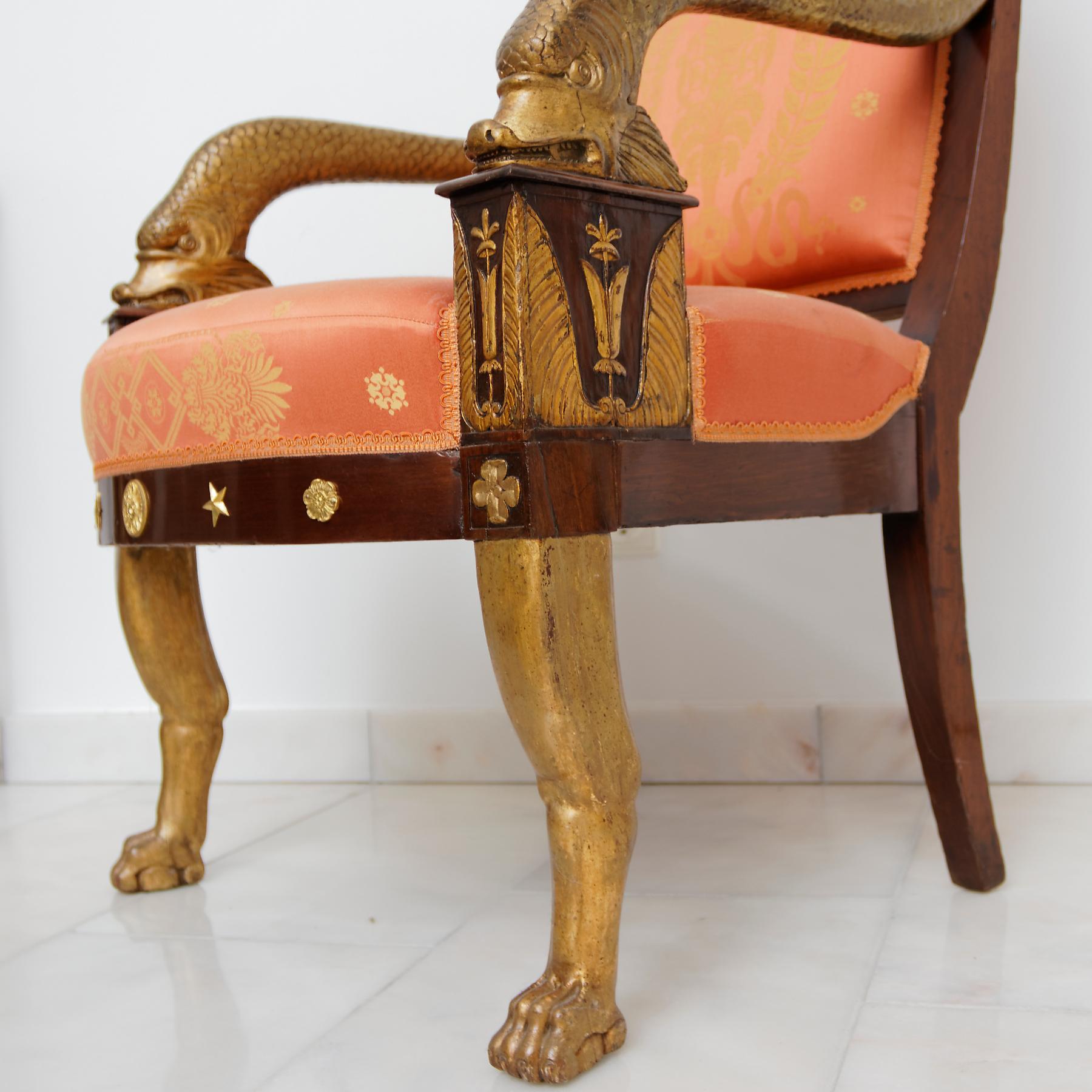 Silk Important French Empire Early 19th Century Armchair For Sale