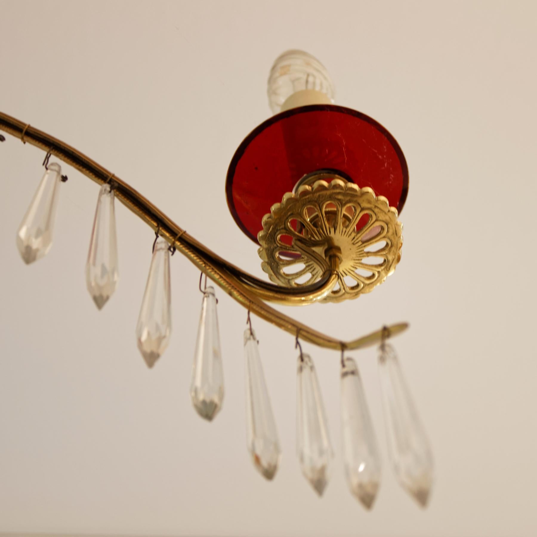 Brass Pair of Belle Epoque Russian Style Ormolu Red and Cut-Glass Six-Light Chandelier For Sale