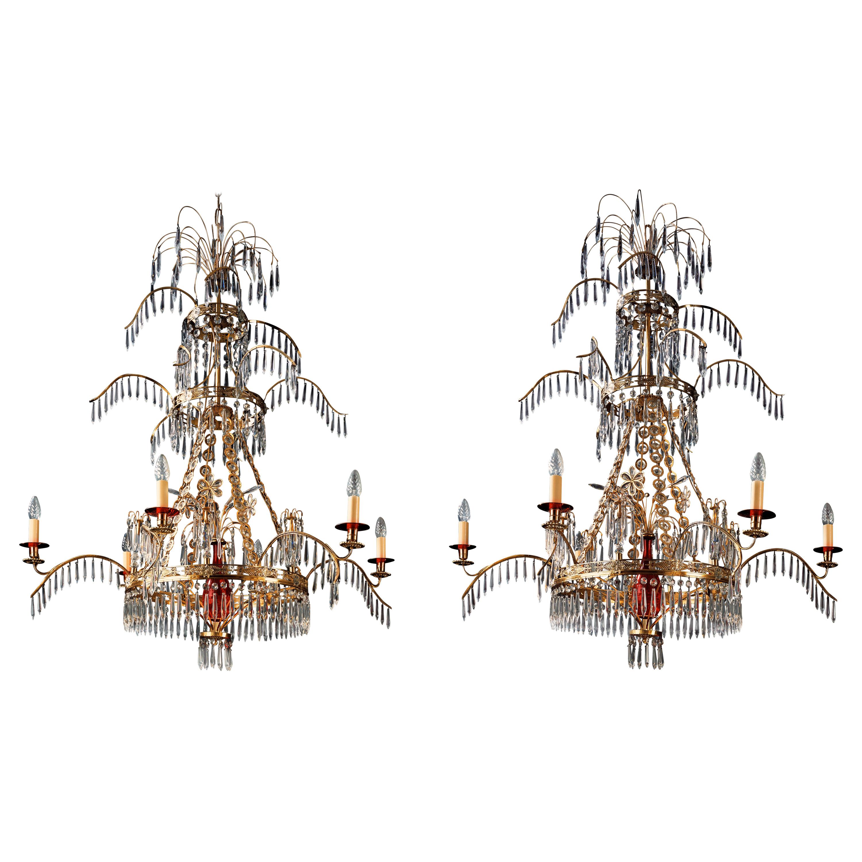 Pair of Belle Epoque Russian Style Ormolu Red and Cut-Glass Six-Light Chandelier