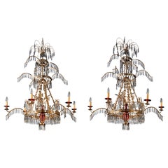 Antique Pair of Belle Epoque Russian Style Ormolu Red and Cut-Glass Six-Light Chandelier