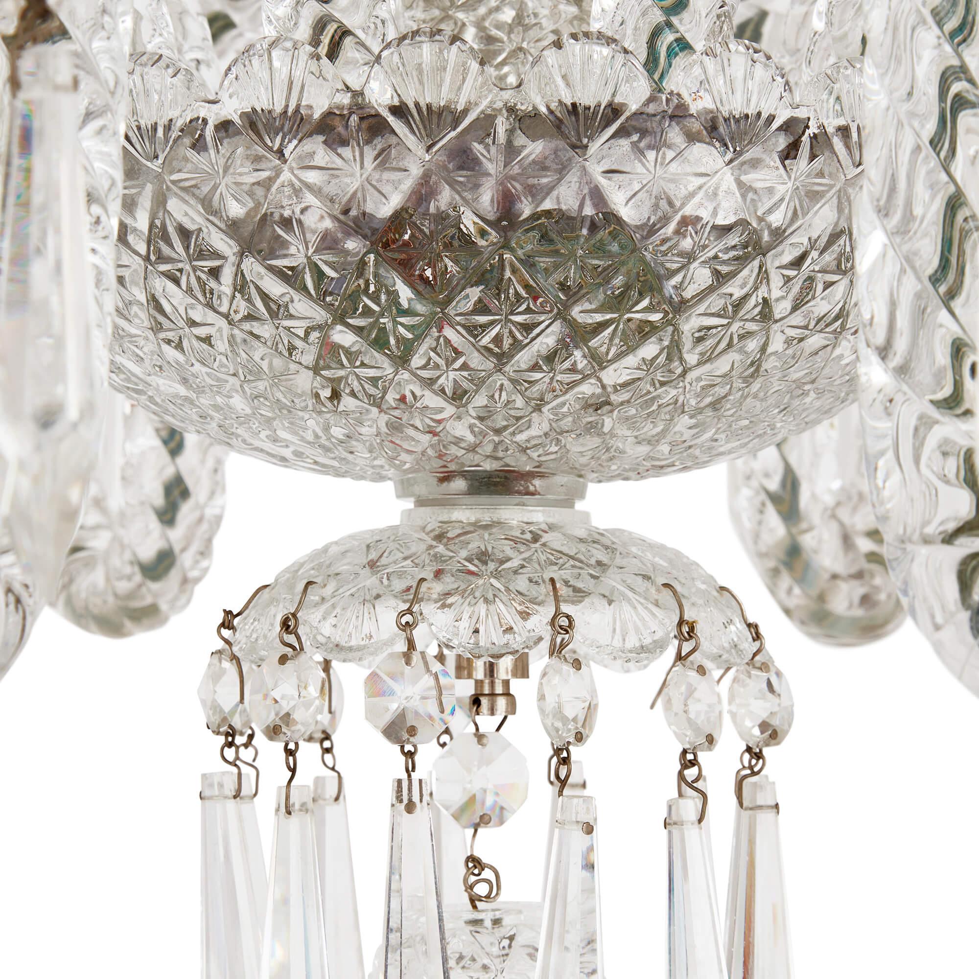 Engraved Pair of Belle Époque Style Clear Cut-Glass Chandeliers For Sale