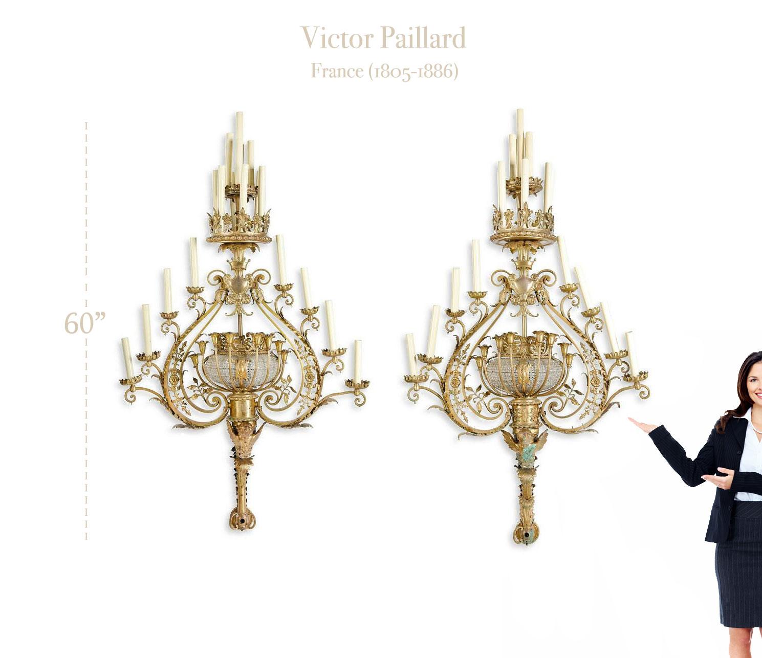 A monumental pair of Belle Epoque gilt bronze and cut glass twenty six light wall sconces By Victor Paillard (1805-1886)
Inside of one acanthus scroll stamped 0137 / VP.
height 60in (152.5cm); width 43in (109cm); depth 24in (61cm) 
Provenance: