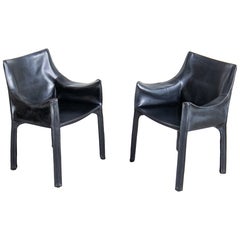 Paar Bellini CAB 413 Sessel aus schwarzem Sattelleder im Vintage-Stil für Cassina