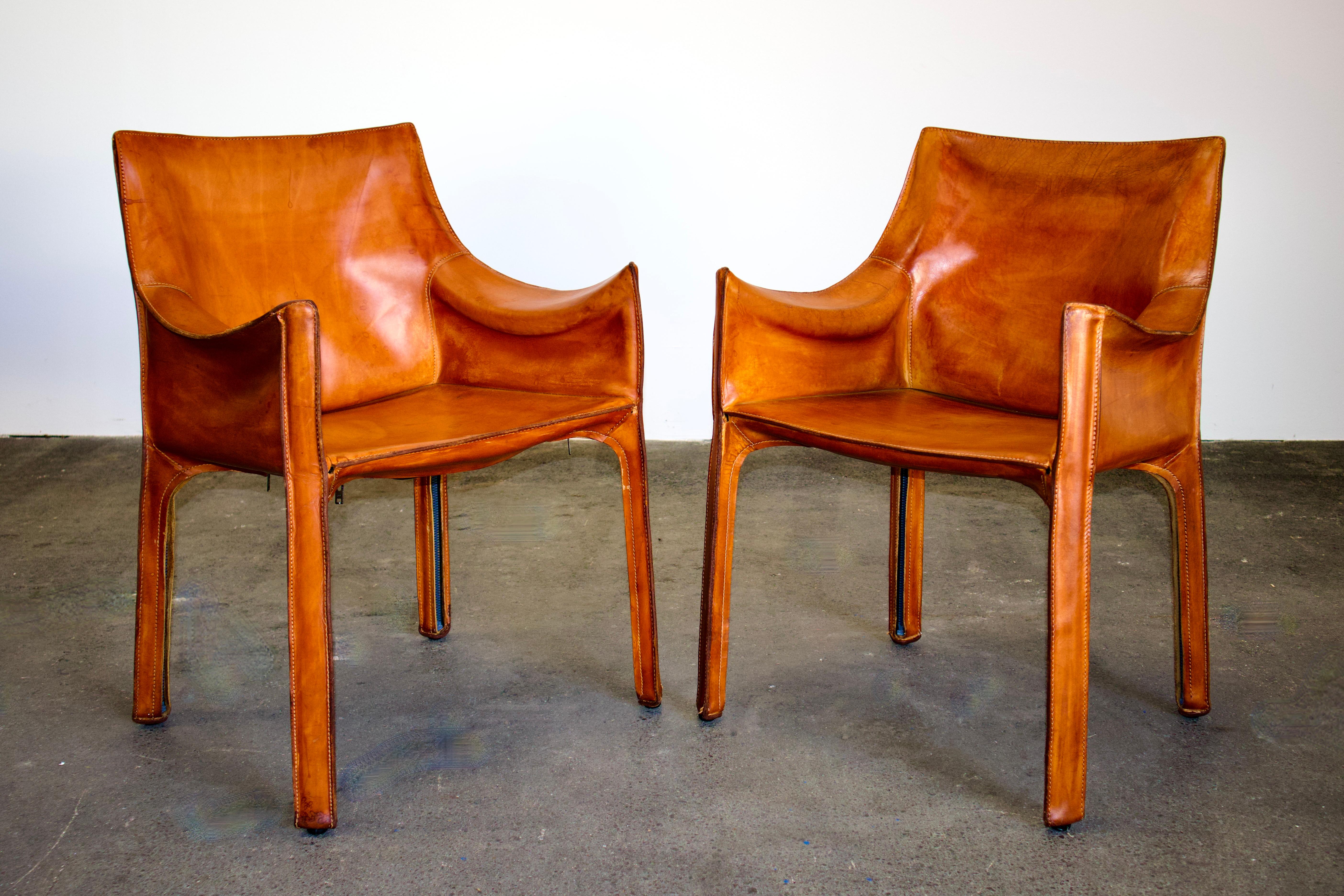 Pair of Bellini CAB 413 Armchairs in Vintage Cognac Saddle Leather for Cassina 1