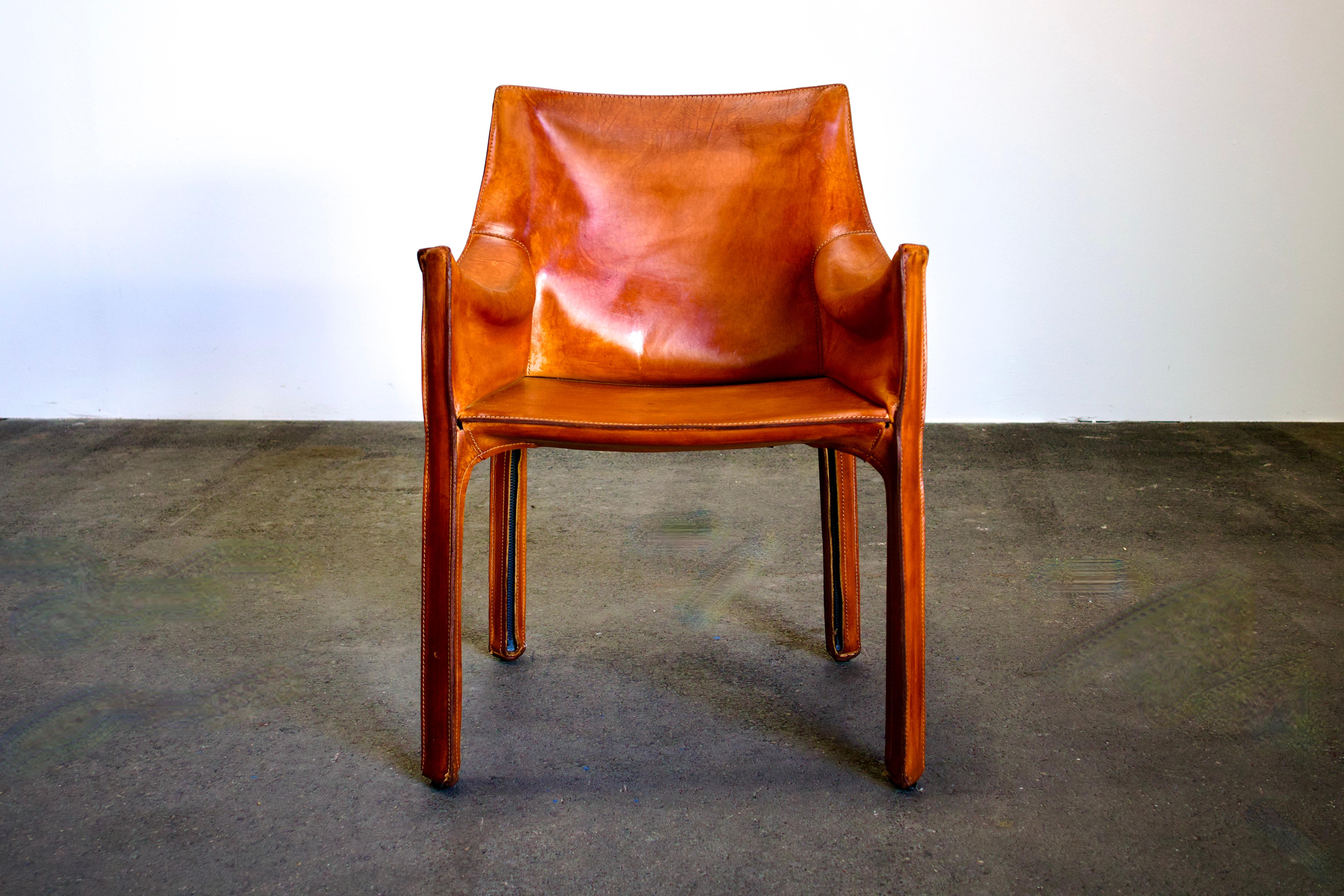 Pair of Bellini CAB 413 Armchairs in Vintage Cognac Saddle Leather for Cassina 3