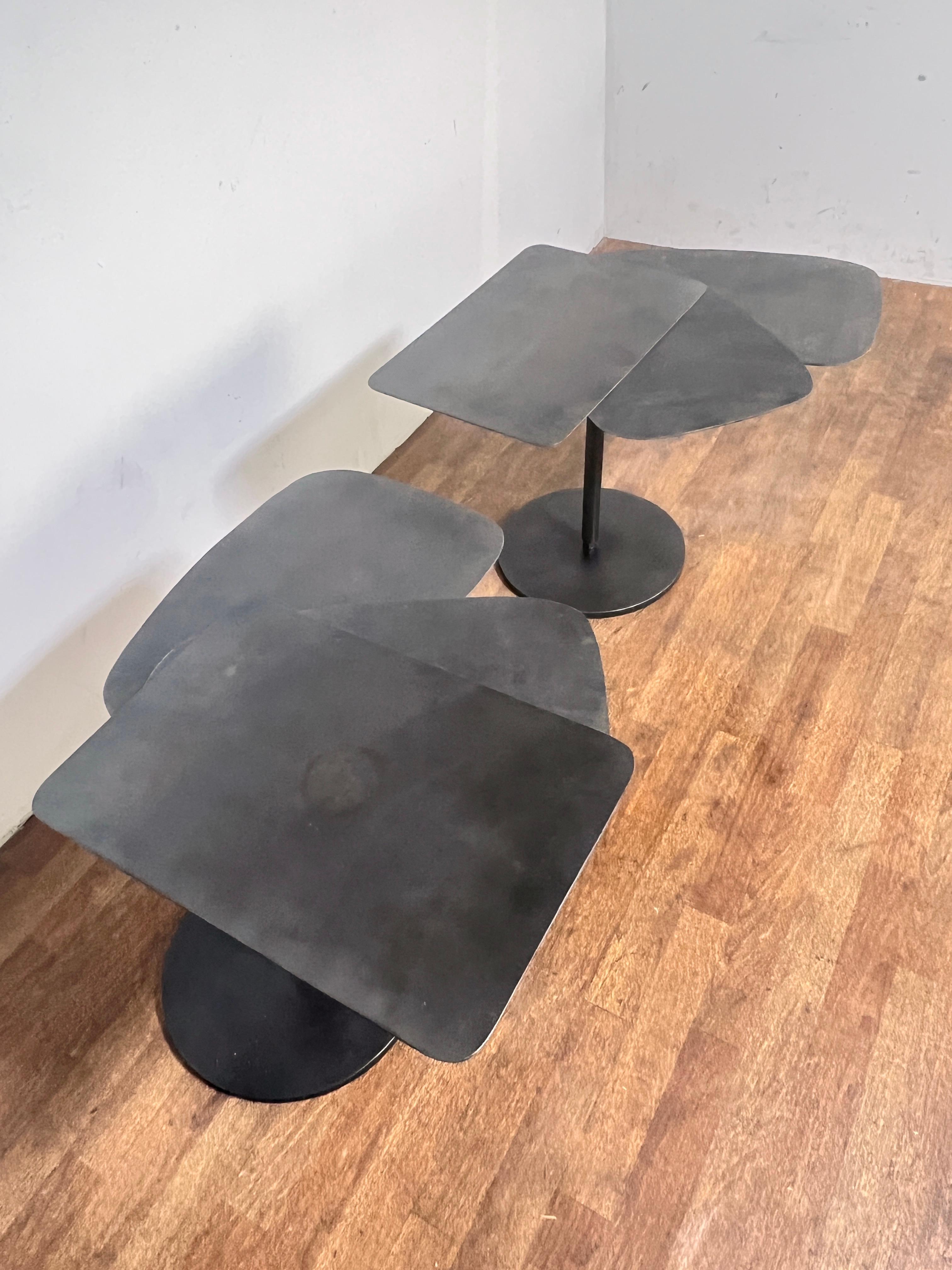 American Pair of Bench Made Steel Fan Side Tables in Manner of Pierre Chareau For Sale