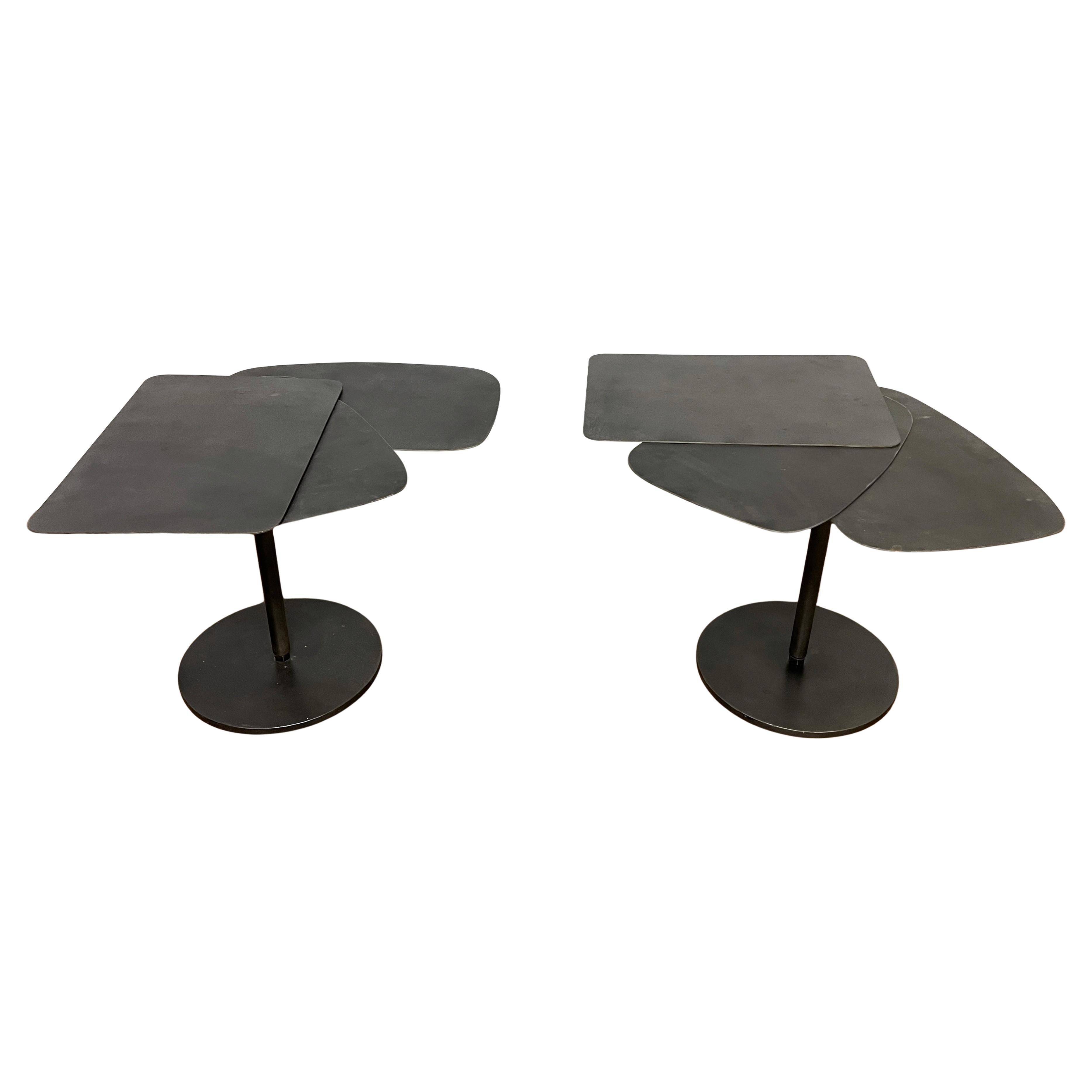 Pair of Bench Made Steel Fan Side Tables in Manner of Pierre Chareau For Sale
