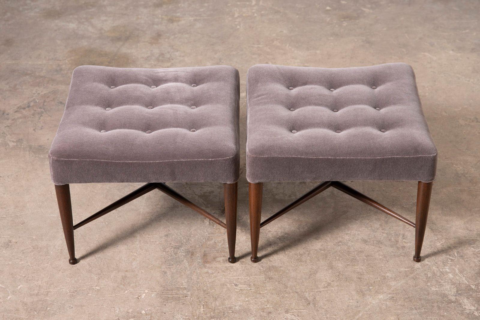 Pair of benches model 5002 by Edward Wormley for Dunbar. Stools are constructed of walnut and have been professionally restored in a medium walnut finish, both have been newly upholstered in Perennials velvet.