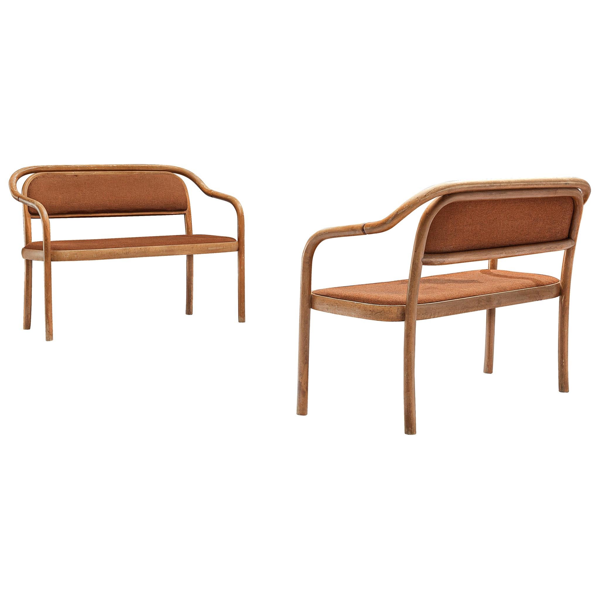 TON, pair of benches, bentwood, fabric upholstery, Czech Republic, 1960s

Pair of benches manufactured by TON in the 1960s. In 1954 Thonet becomes state owned in Czech Republic and was called TON from there on. The benches have a circular bentwood
