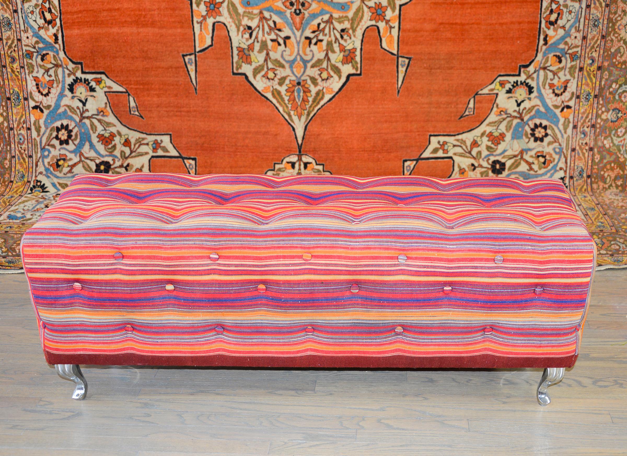 Modern Pair of Benches Covered in Vintage Jajim Kilim Rugs For Sale