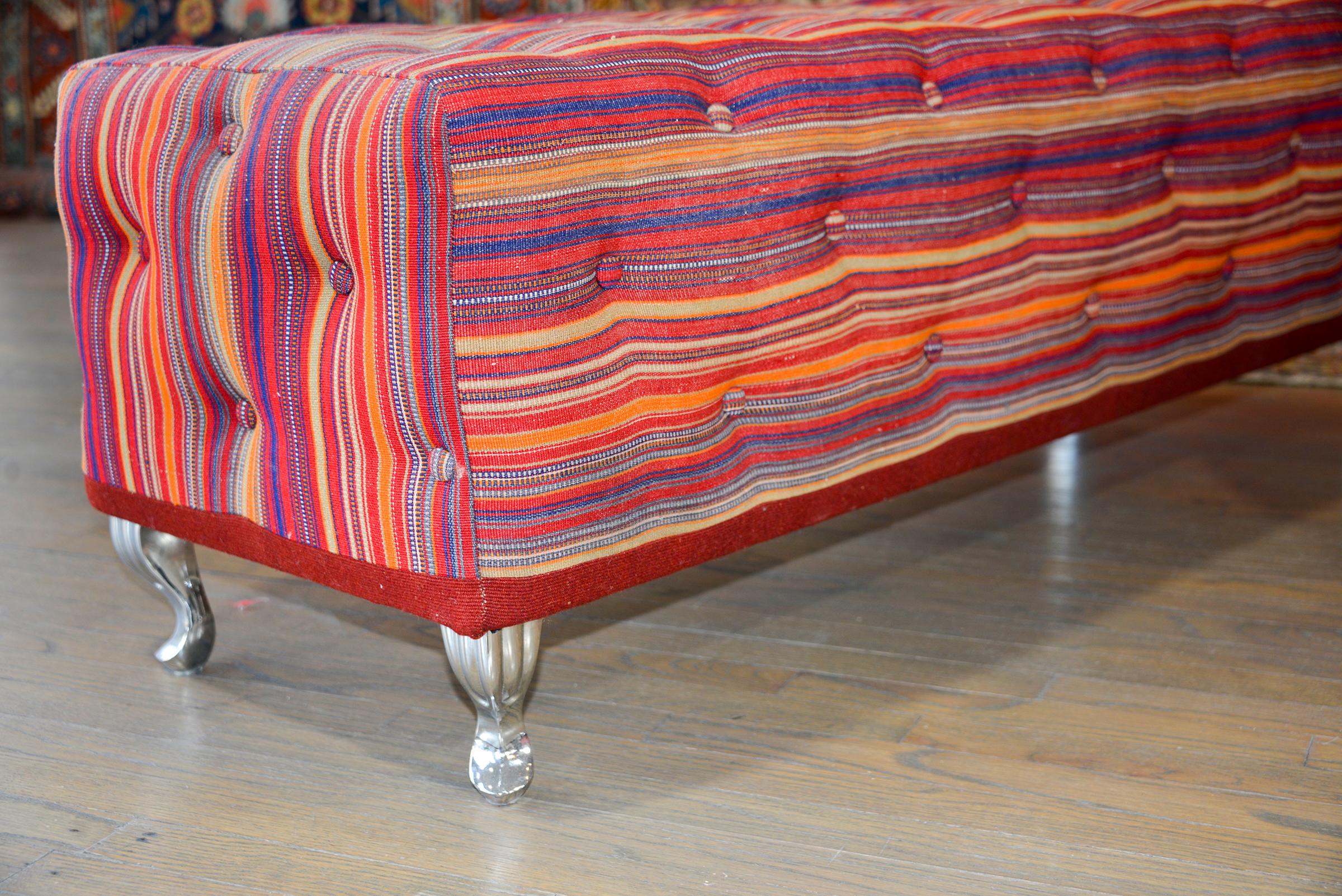 Contemporary Pair of Benches Covered in Vintage Jajim Kilim Rugs For Sale