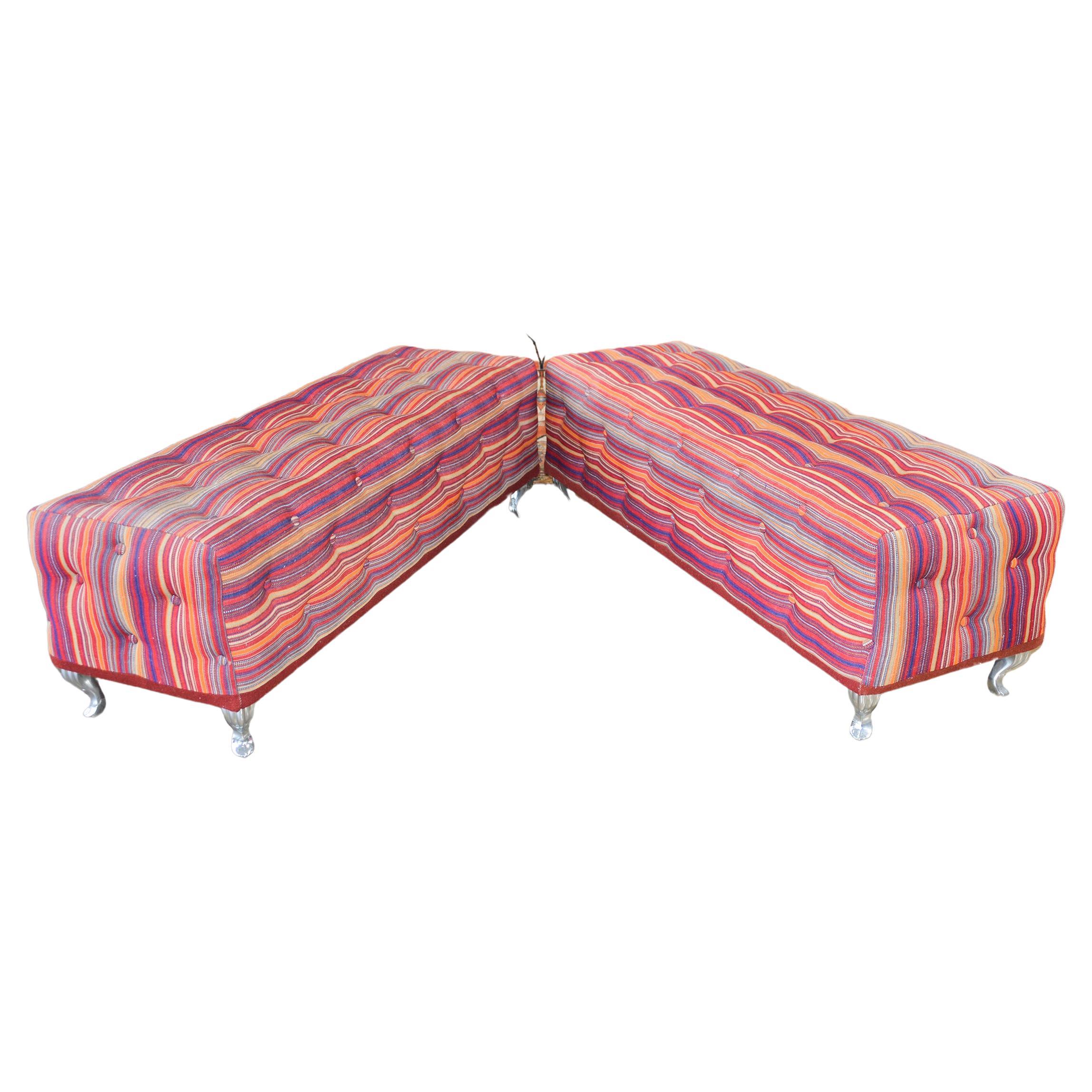 Pair of Benches Covered in Vintage Jajim Kilim Rugs For Sale