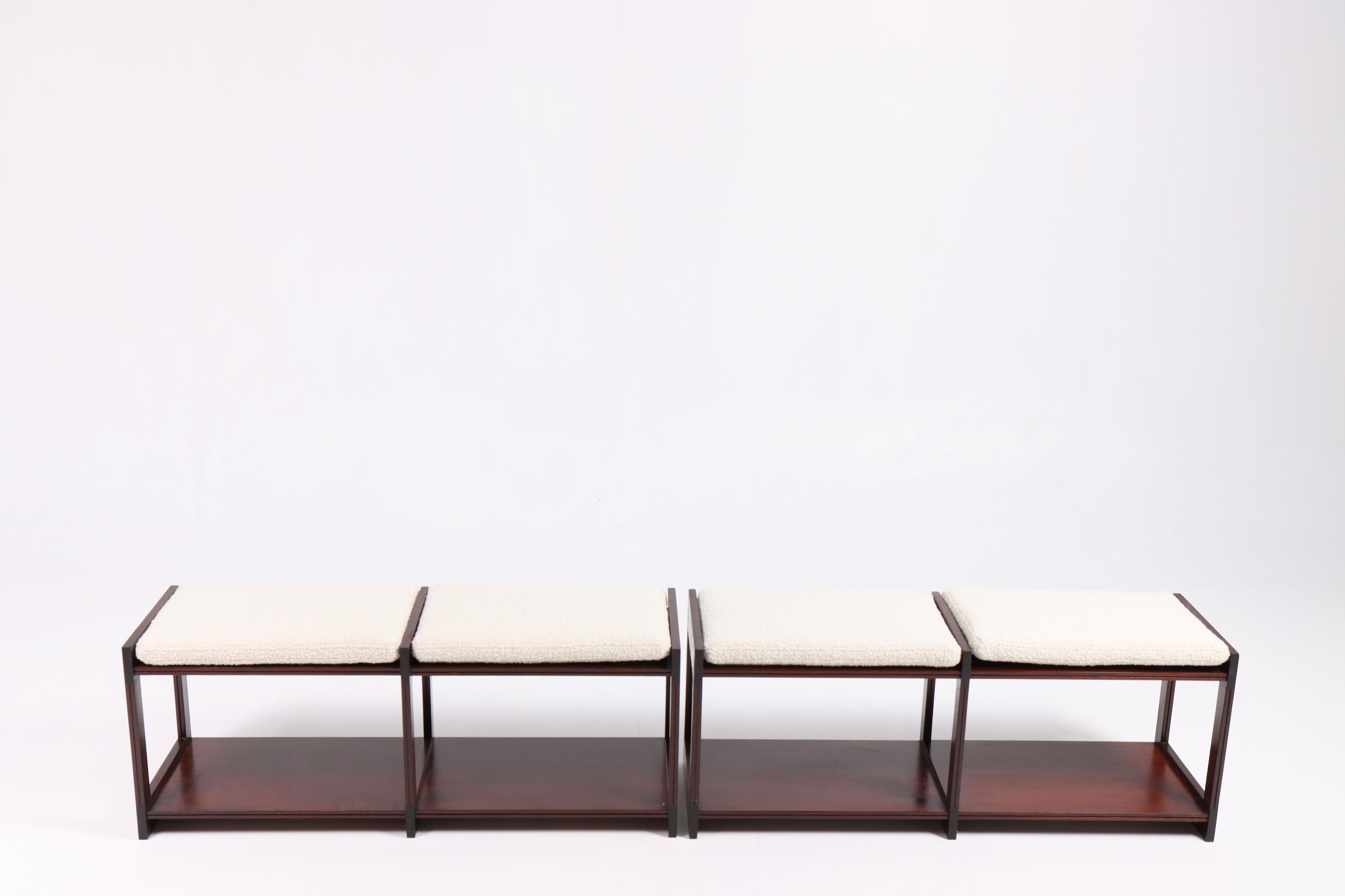 Pair of benches in mahogany with boucle pillows, designed by Maa. Grethe Jalk and made by P. Jeppesen. Great condition.