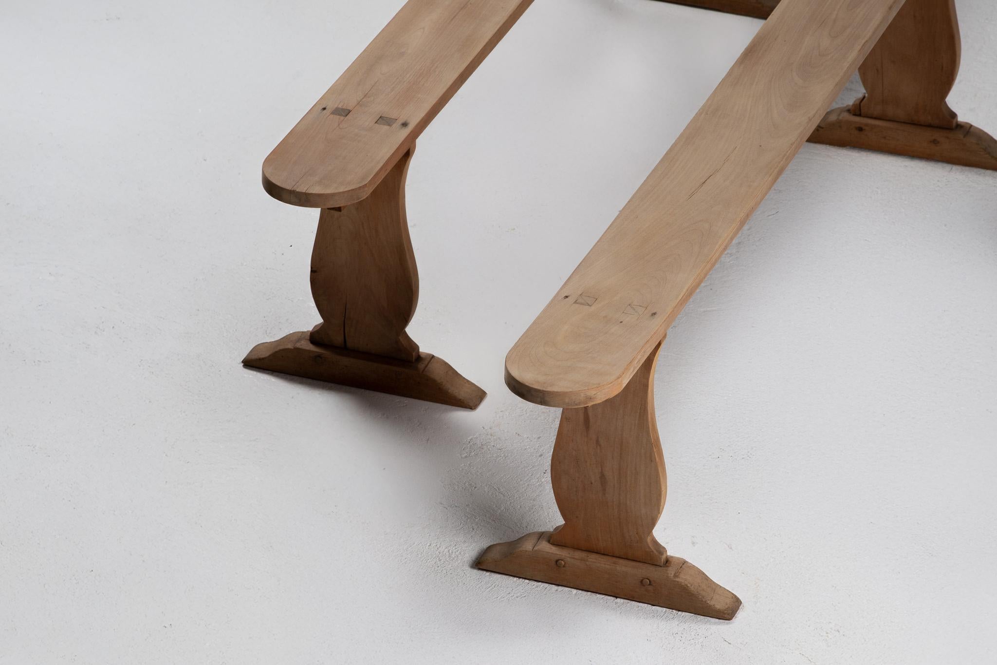 Rustic Pair of Benches in Carved Oak, France, 1940s For Sale