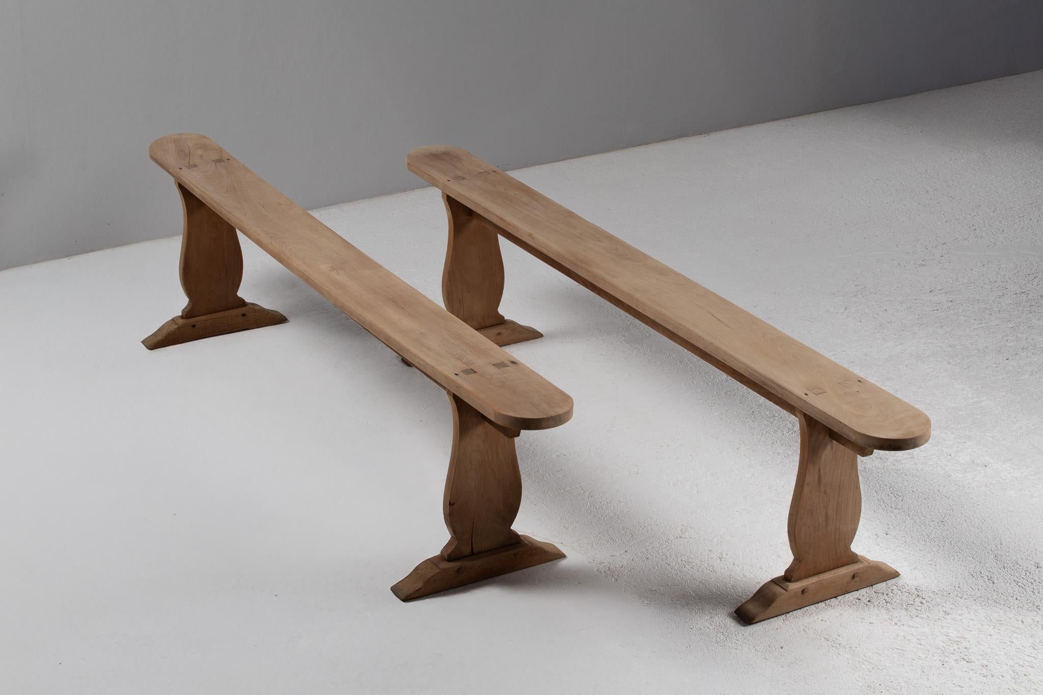 French Pair of Benches in Carved Oak, France, 1940s For Sale