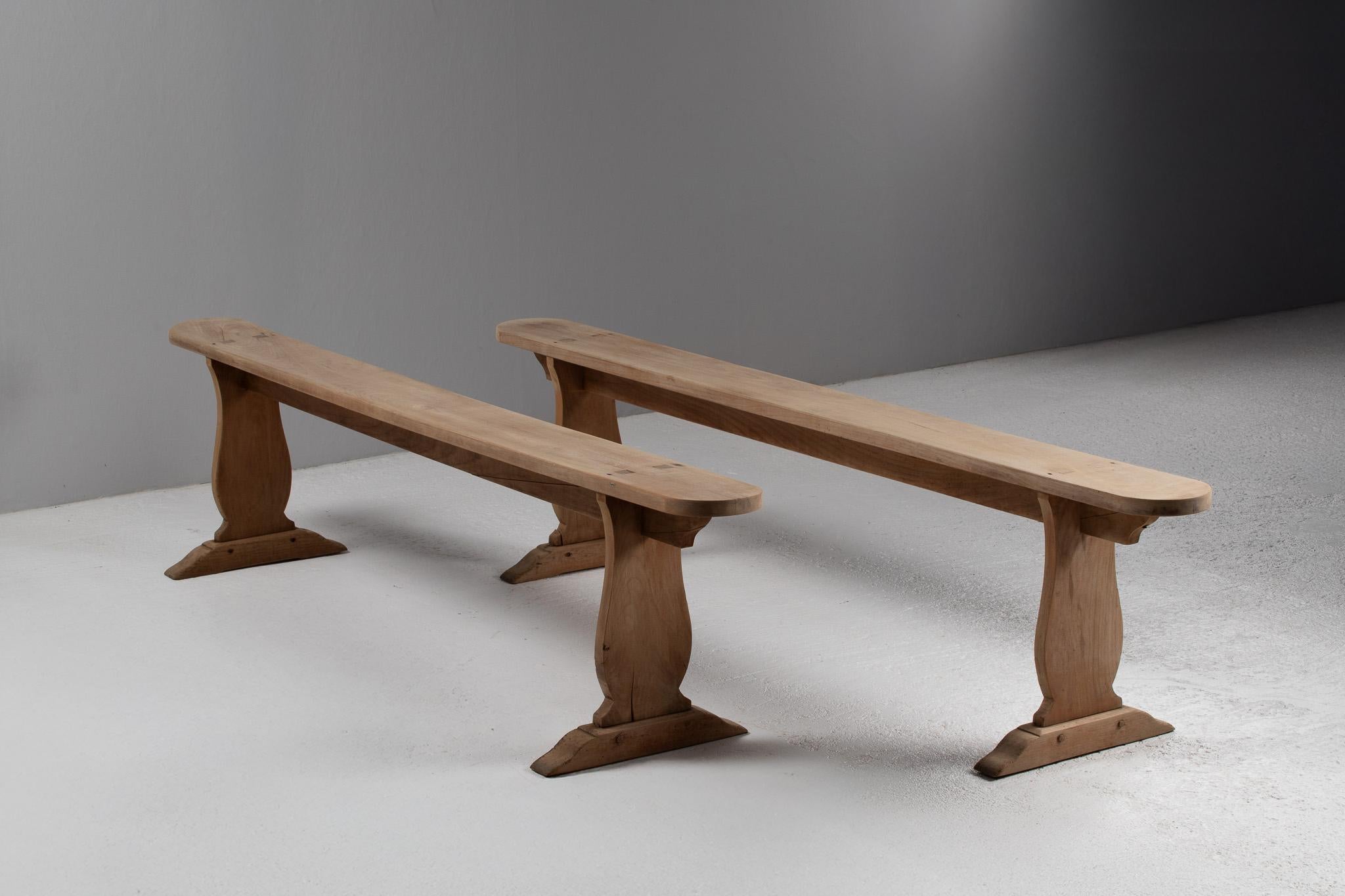 20th Century Pair of Benches in Carved Oak, France, 1940s For Sale