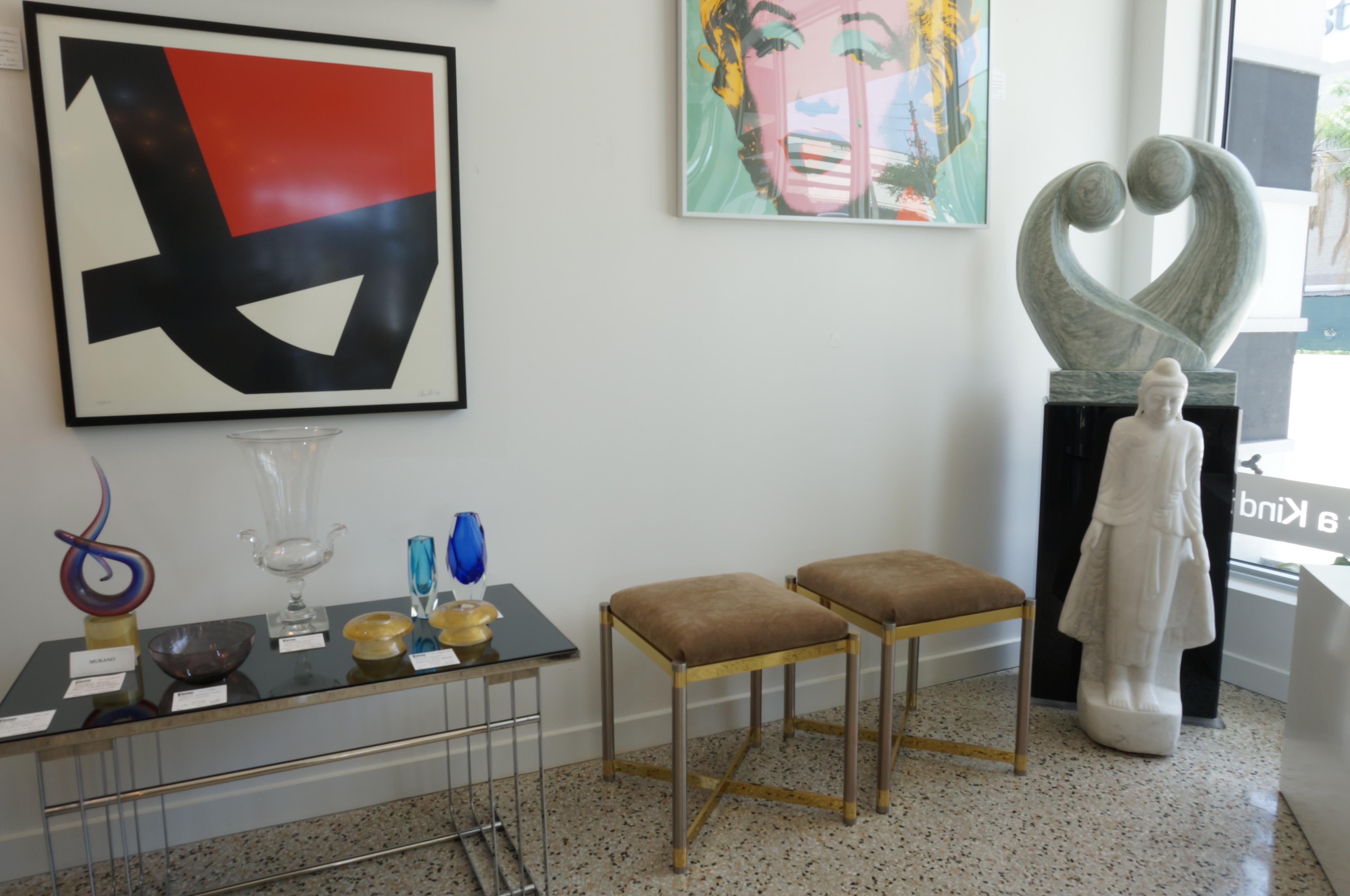 Pair of Benches in Stainless Steel and Brass Attributed to Maison Jansen 3