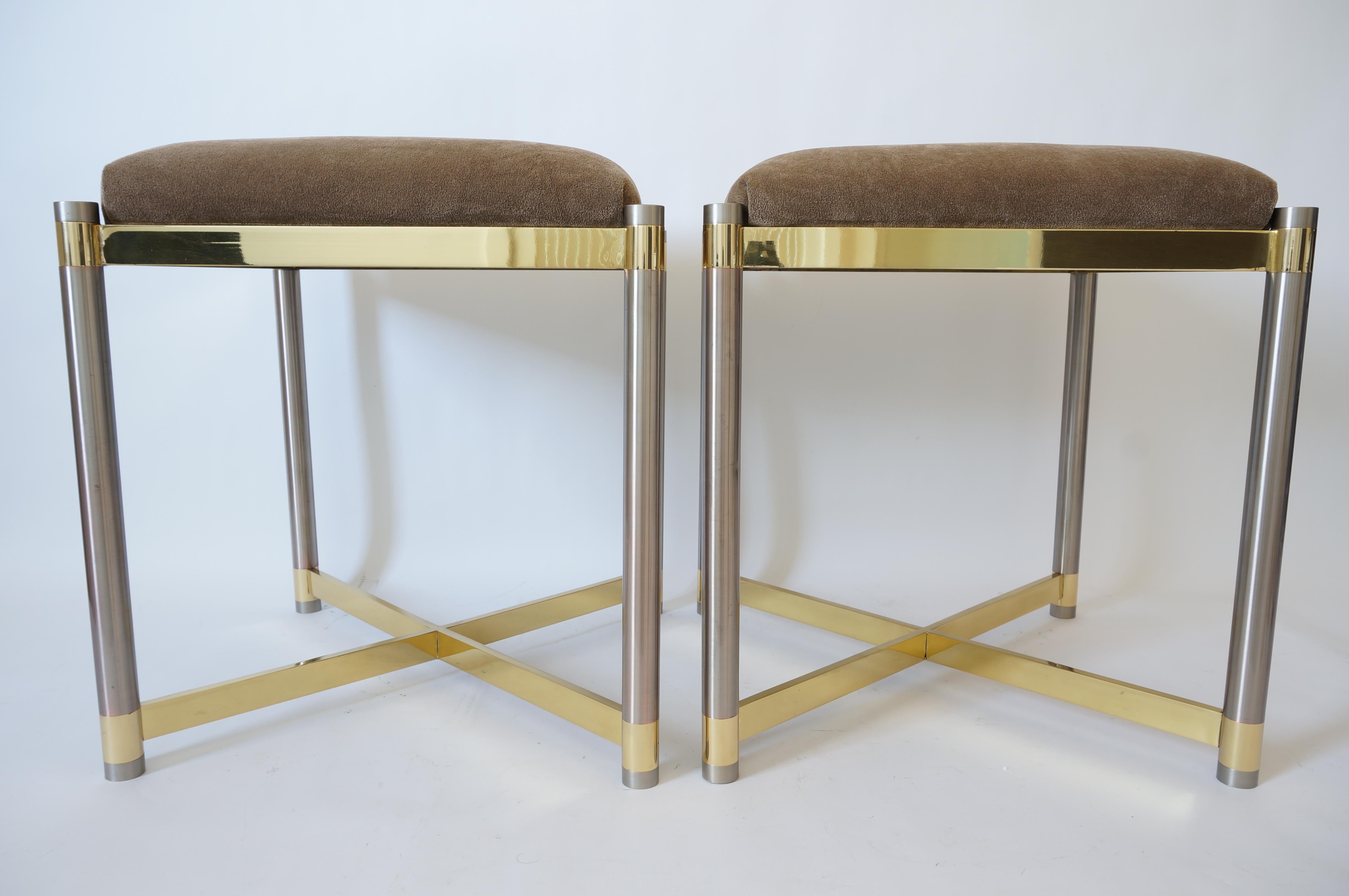Polished Pair of Benches in Stainless Steel and Brass Attributed to Maison Jansen
