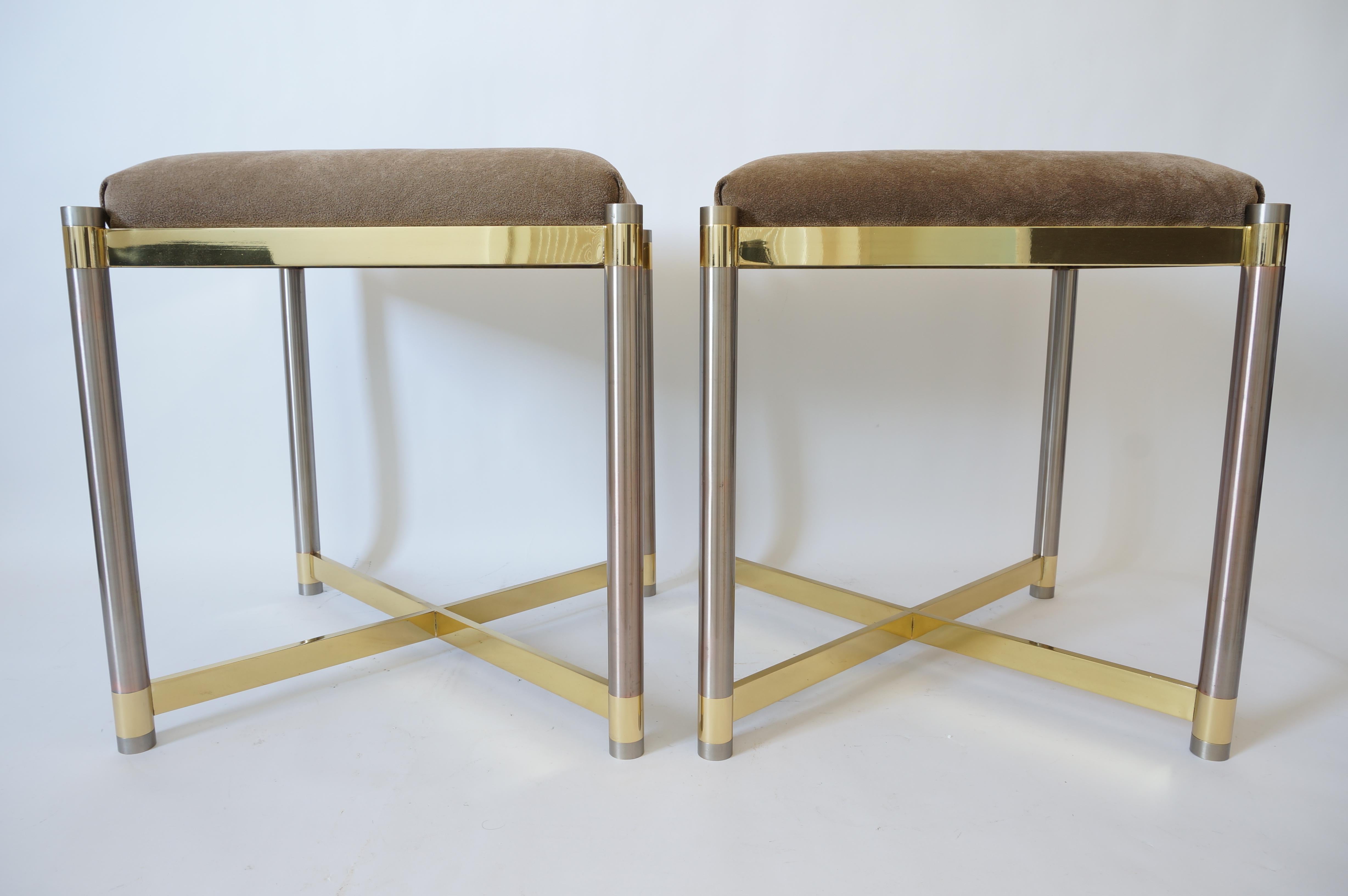 20th Century Pair of Benches in Stainless Steel and Brass Attributed to Maison Jansen