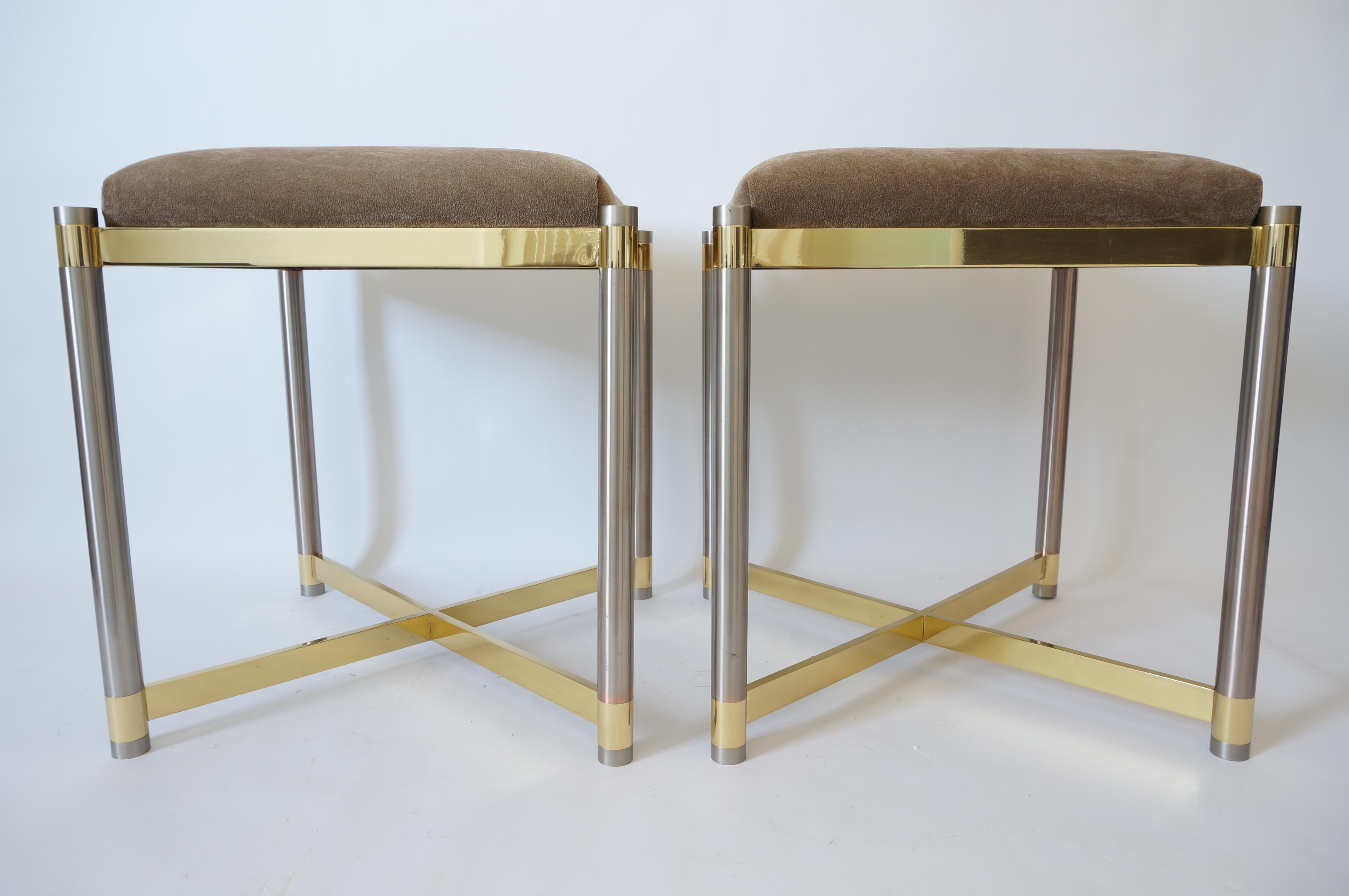 Pair of Benches in Stainless Steel and Brass Attributed to Maison Jansen 1