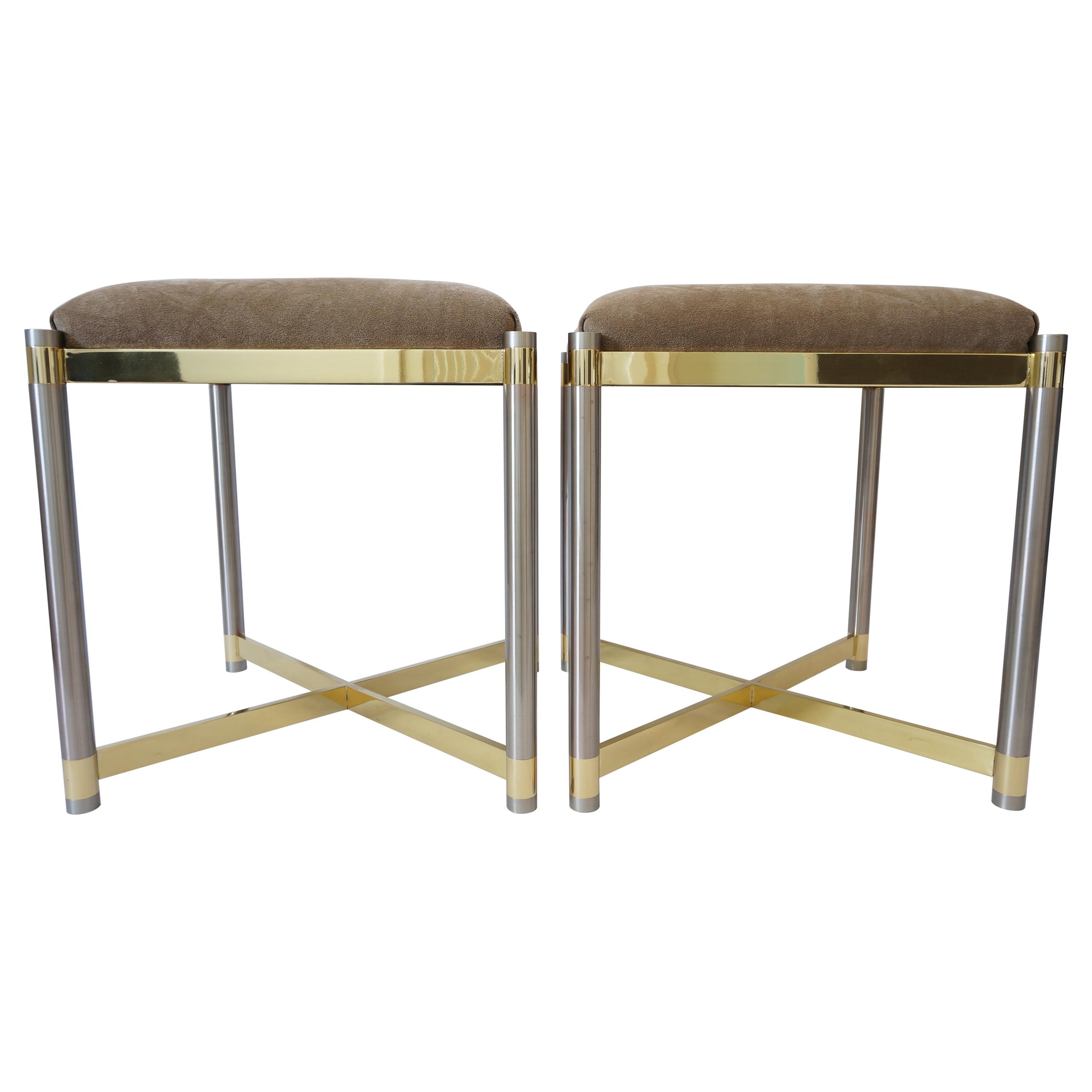 Pair of Benches in Stainless Steel and Brass Attributed to Maison Jansen