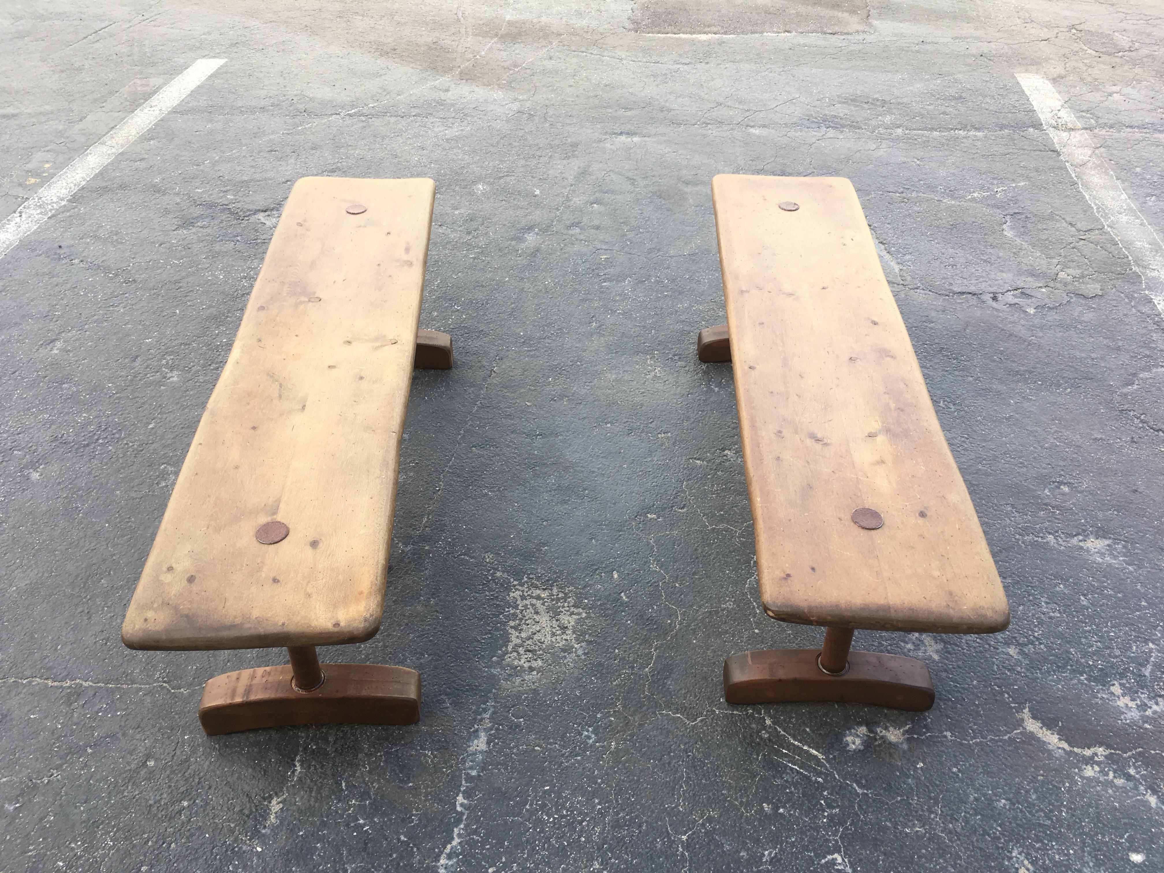 American Pair of Benches, Industrial, Farm, Rustic, Wood, Brown