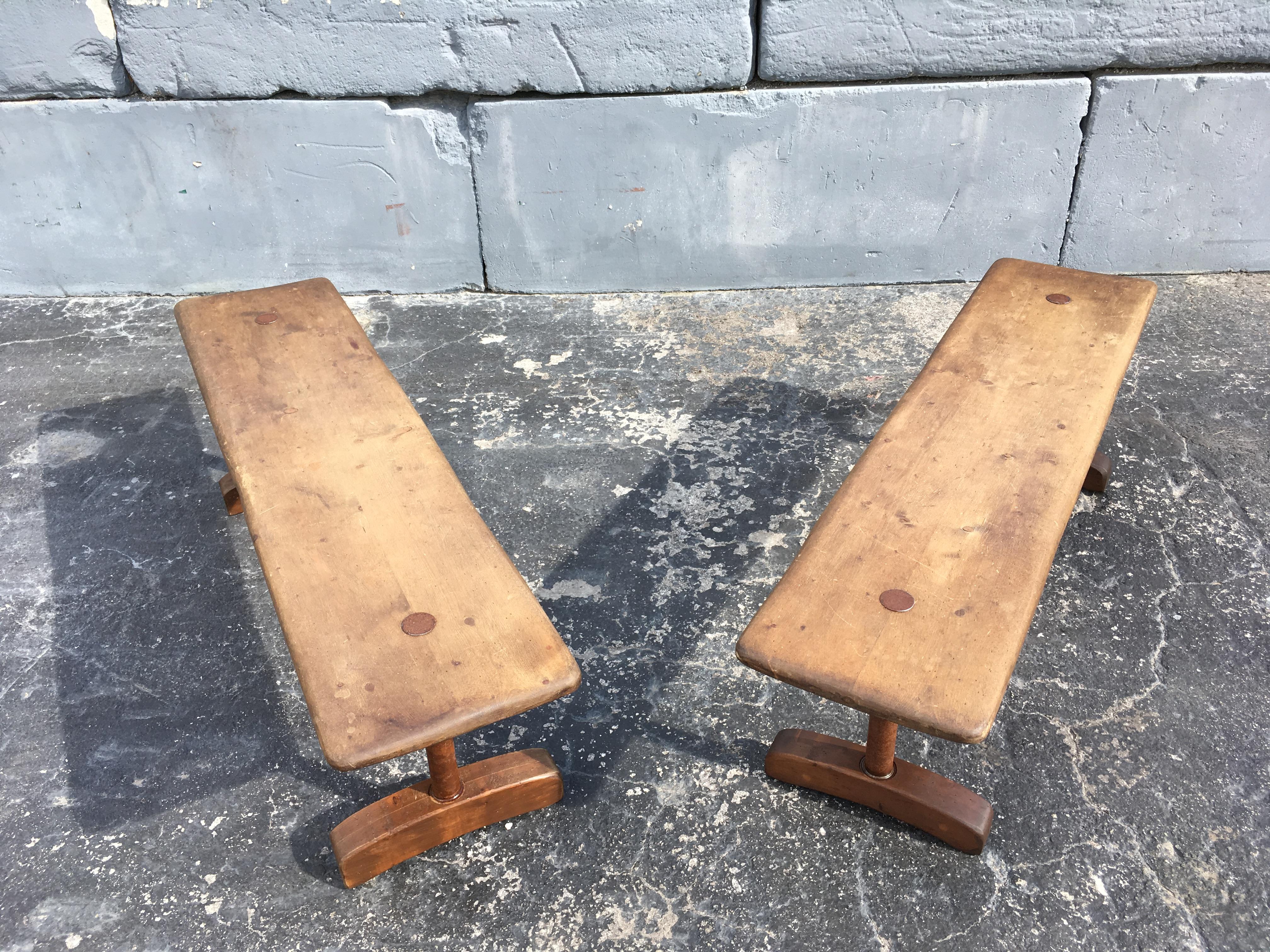 Late 20th Century Pair of Benches, Industrial, Farm, Rustic, Wood, Brown