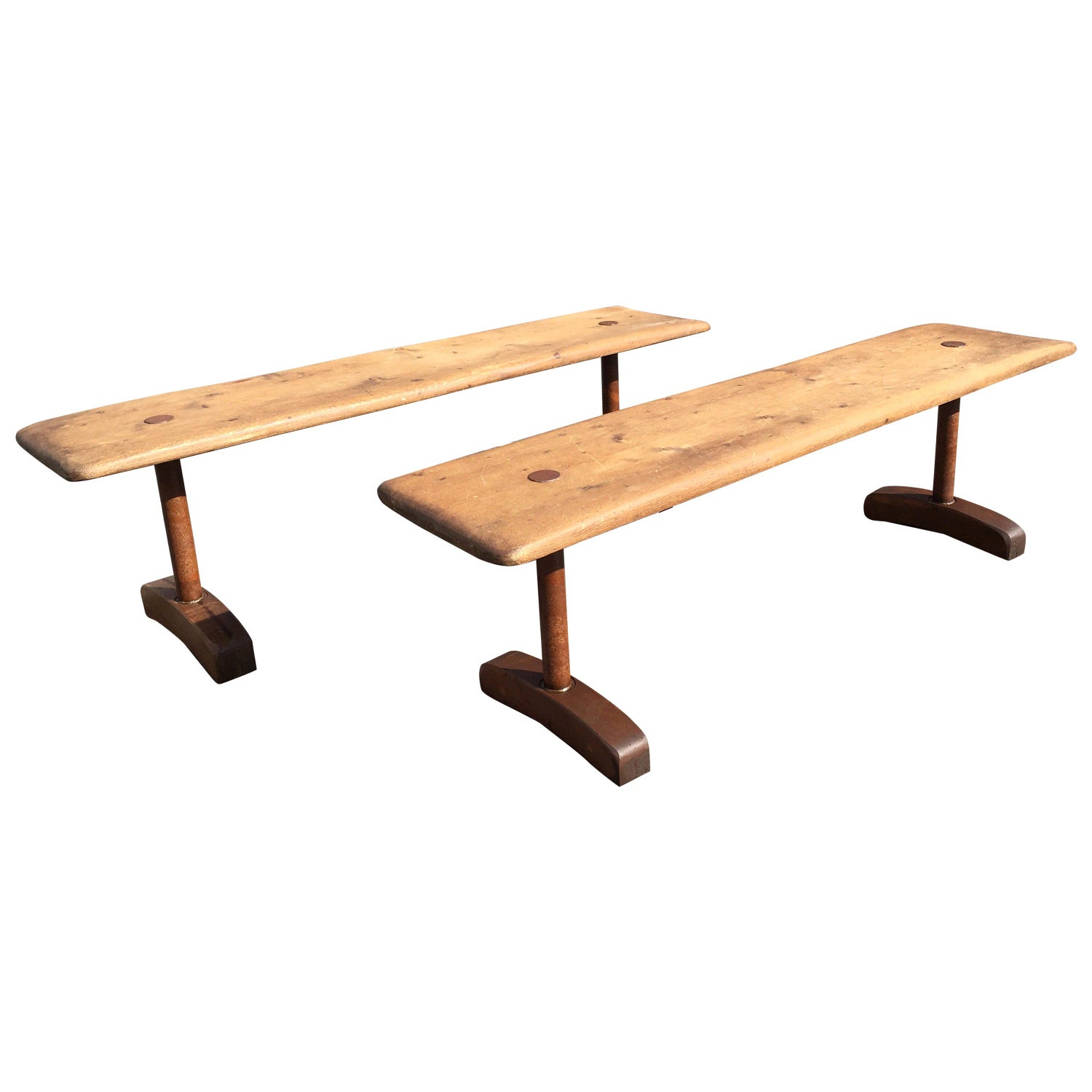 Pair Of Benches Industrial Farm Rustic Wood Brown For Sale At