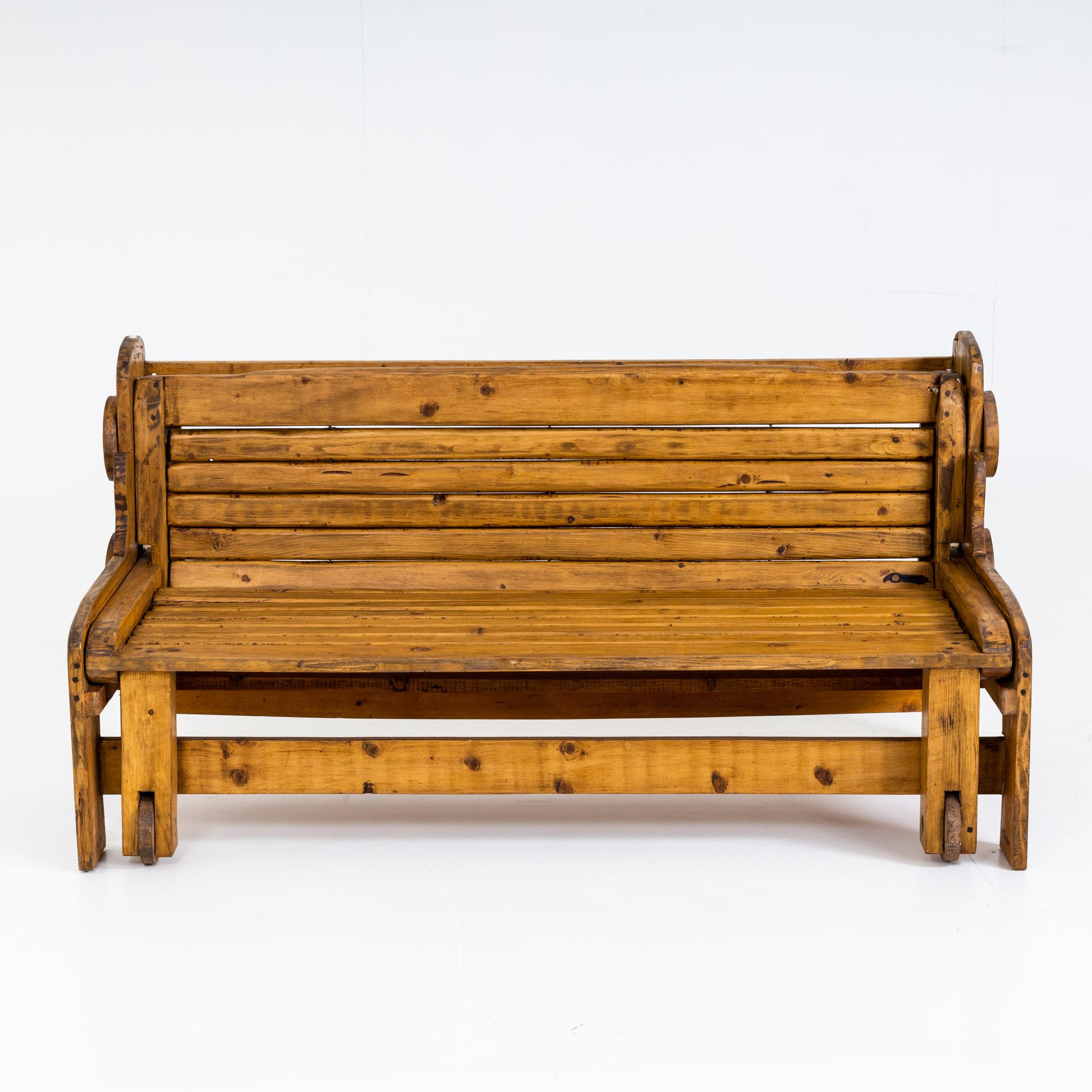 Pair of benches with extendable recliners made of beech wood. Very nice natural patina.