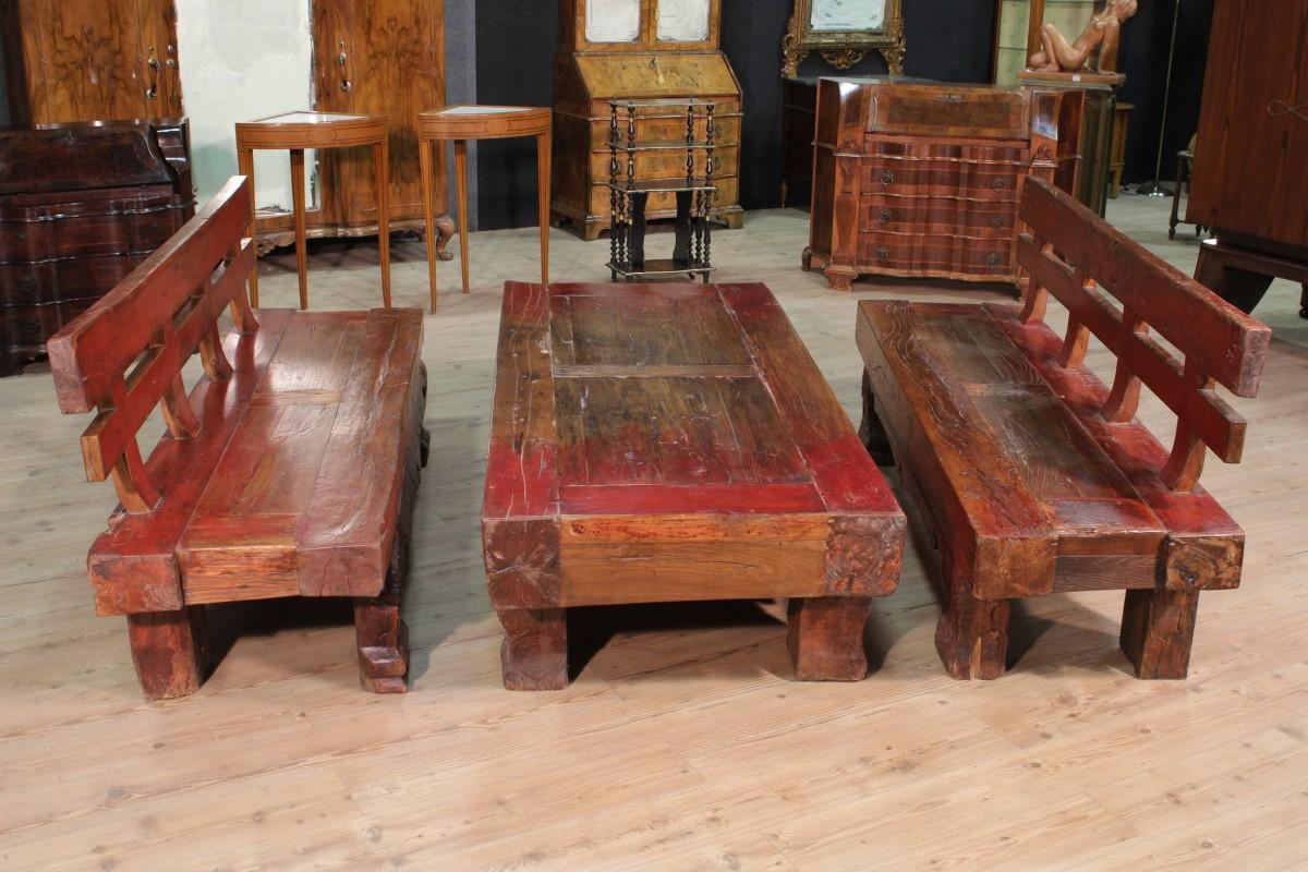 European Pair of Benches with Lacquered Table, 20th Century For Sale