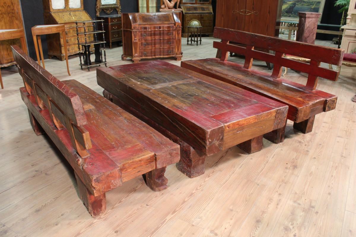 Wood Pair of Benches with Lacquered Table, 20th Century For Sale