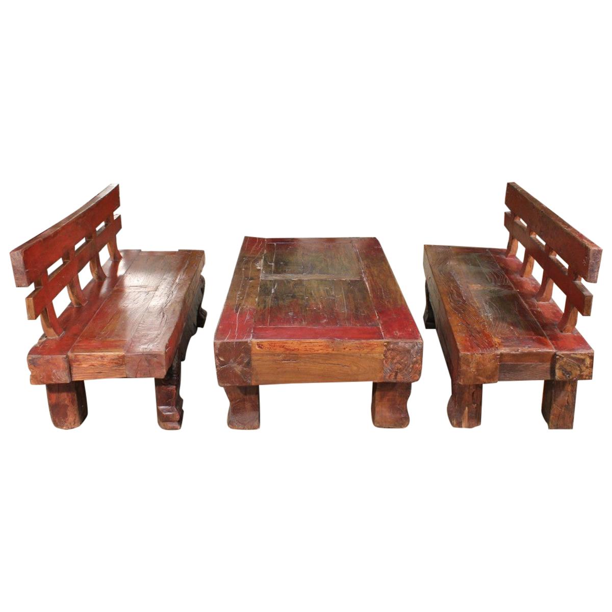 Pair of Benches with Lacquered Table, 20th Century For Sale
