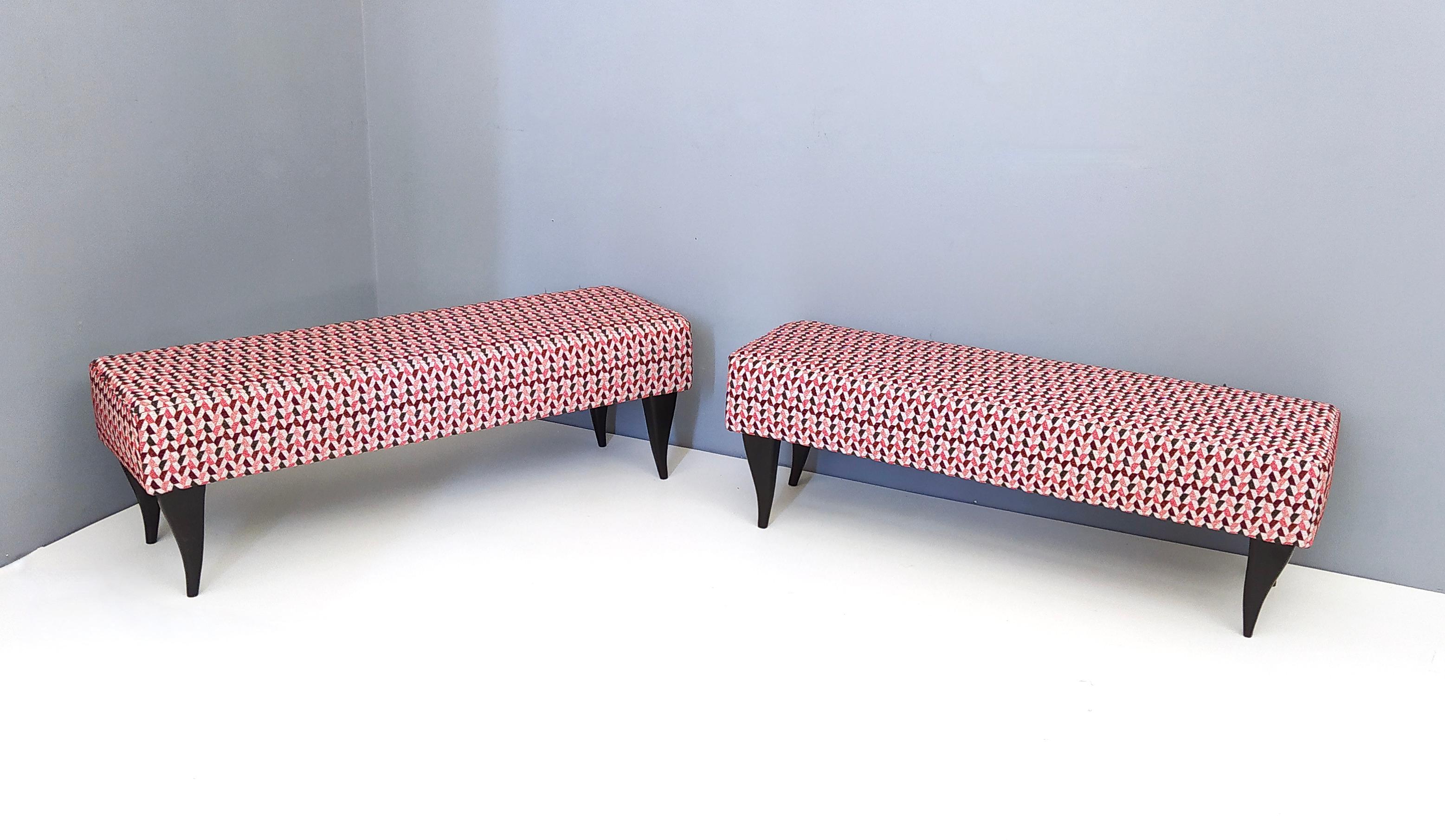 Italian Pair of Vintage Benches with Red Patterned Fabric Upholstery, Italy For Sale