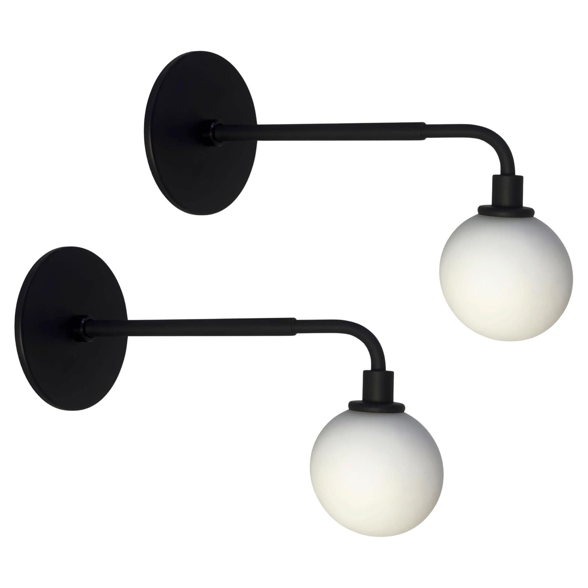 Pair of Bent Arm Sconces by Research.Lighting, Black, 3in Glass, Factory 2nd