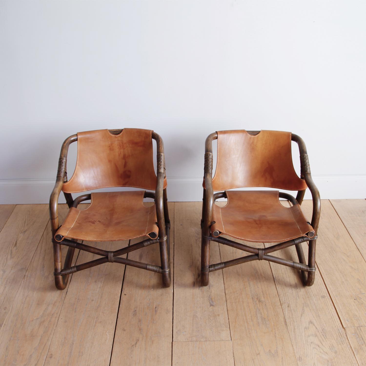 Swedish Pair of Bent Bamboo and Leather Lounge Chairs