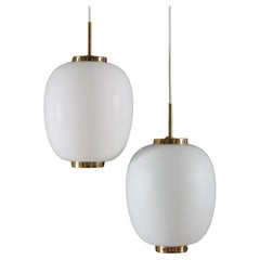 Pair of Bent Karlby Large China Pendants of Opaline Glass + Brass by Lyfa, 1960s